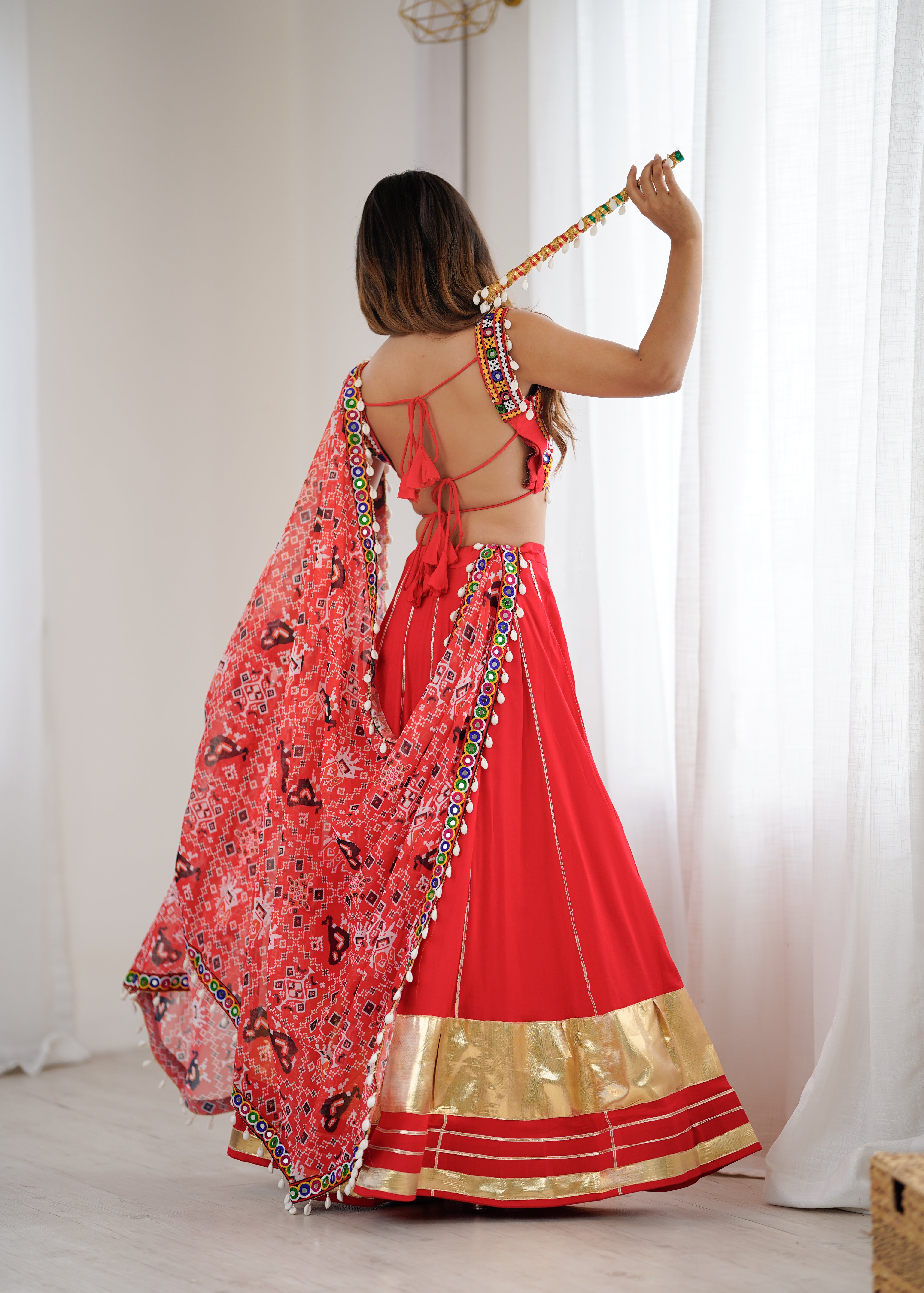 ❤️ Red Heavy Rayon Lagdi Patta Lehenga Choli with Gamthi Mirror Work & Printed Dupatta 🪞