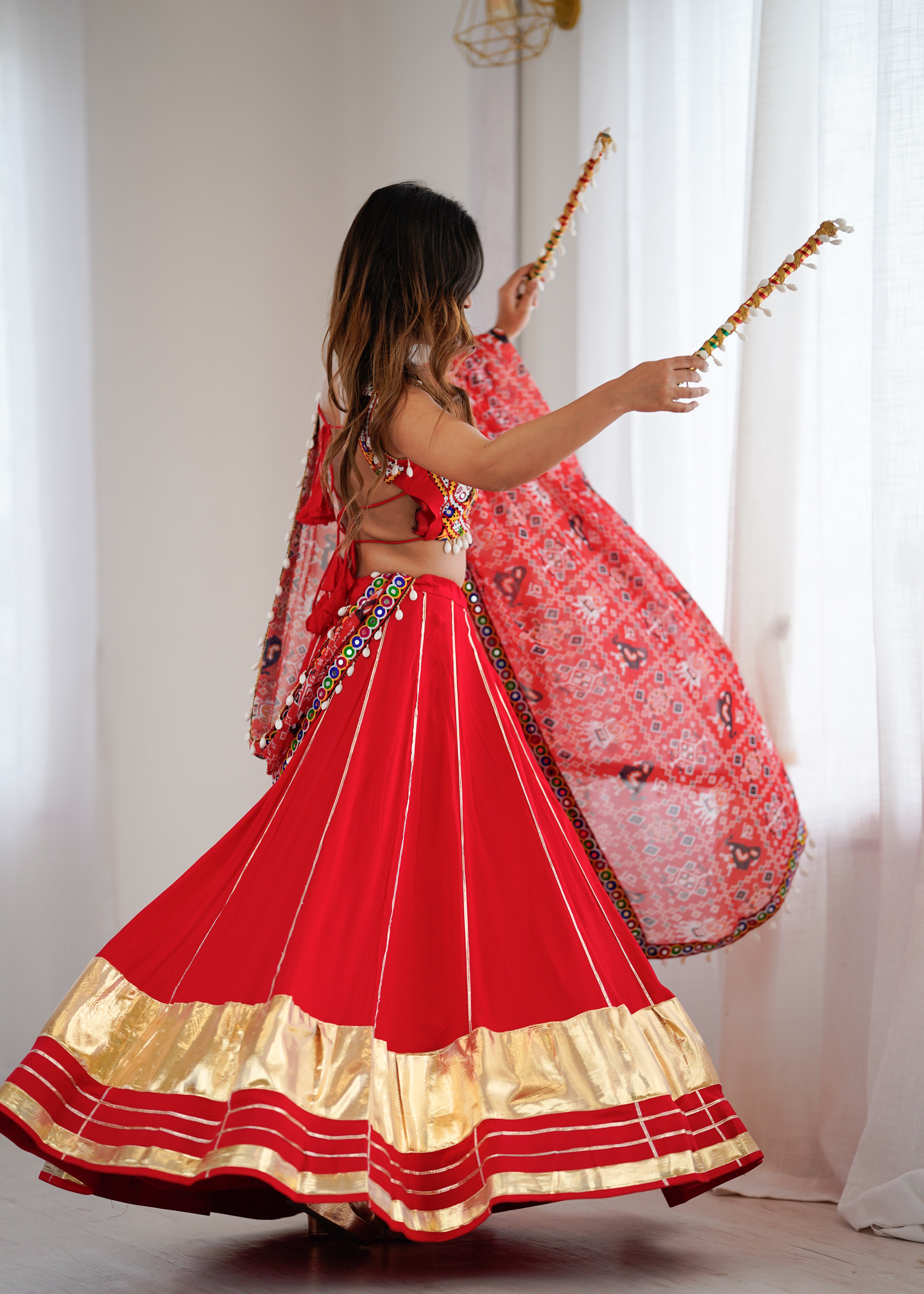 ❤️ Red Heavy Rayon Lagdi Patta Lehenga Choli with Gamthi Mirror Work & Printed Dupatta 🪞