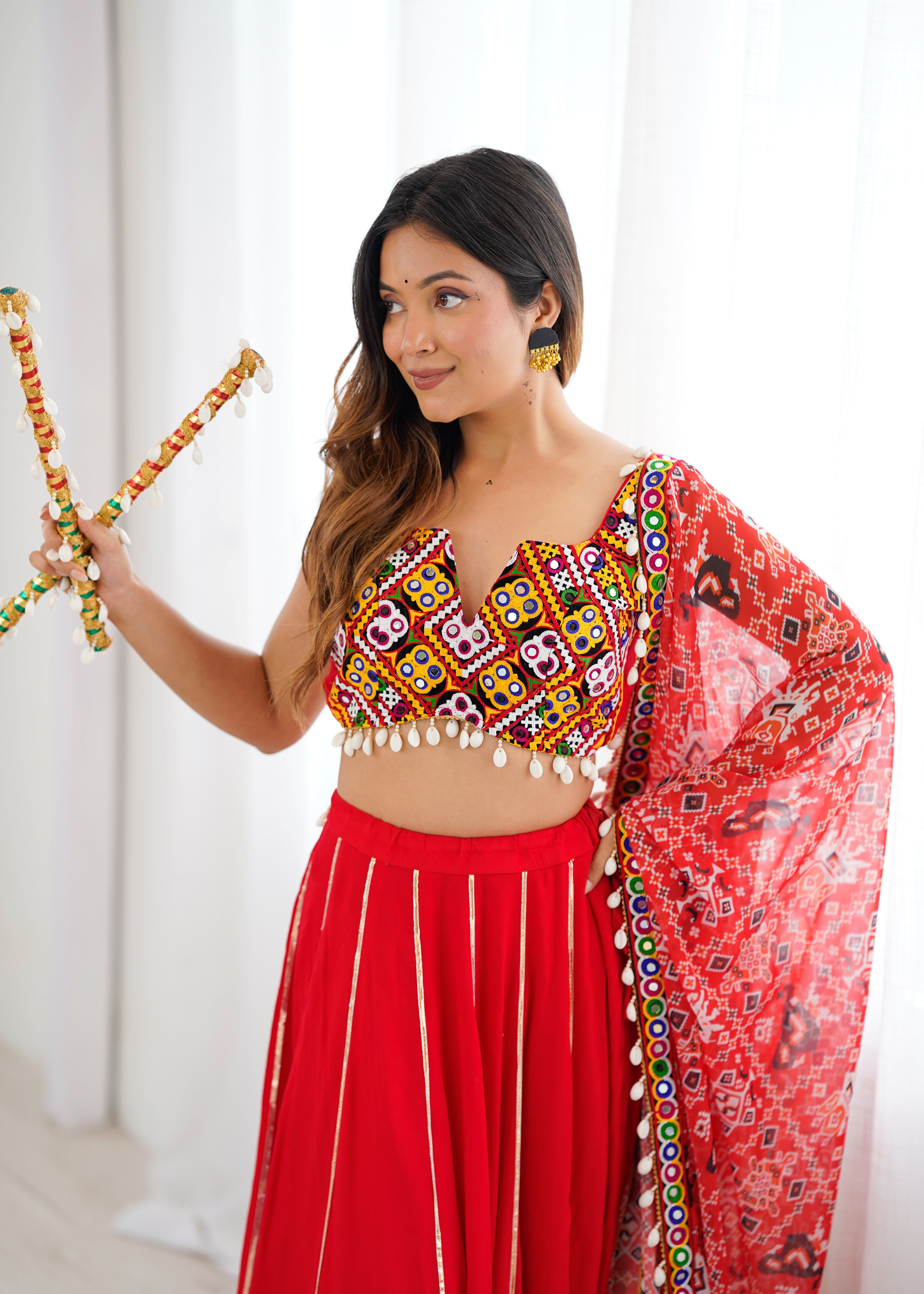❤️ Red Heavy Rayon Lagdi Patta Lehenga Choli with Gamthi Mirror Work & Printed Dupatta 🪞