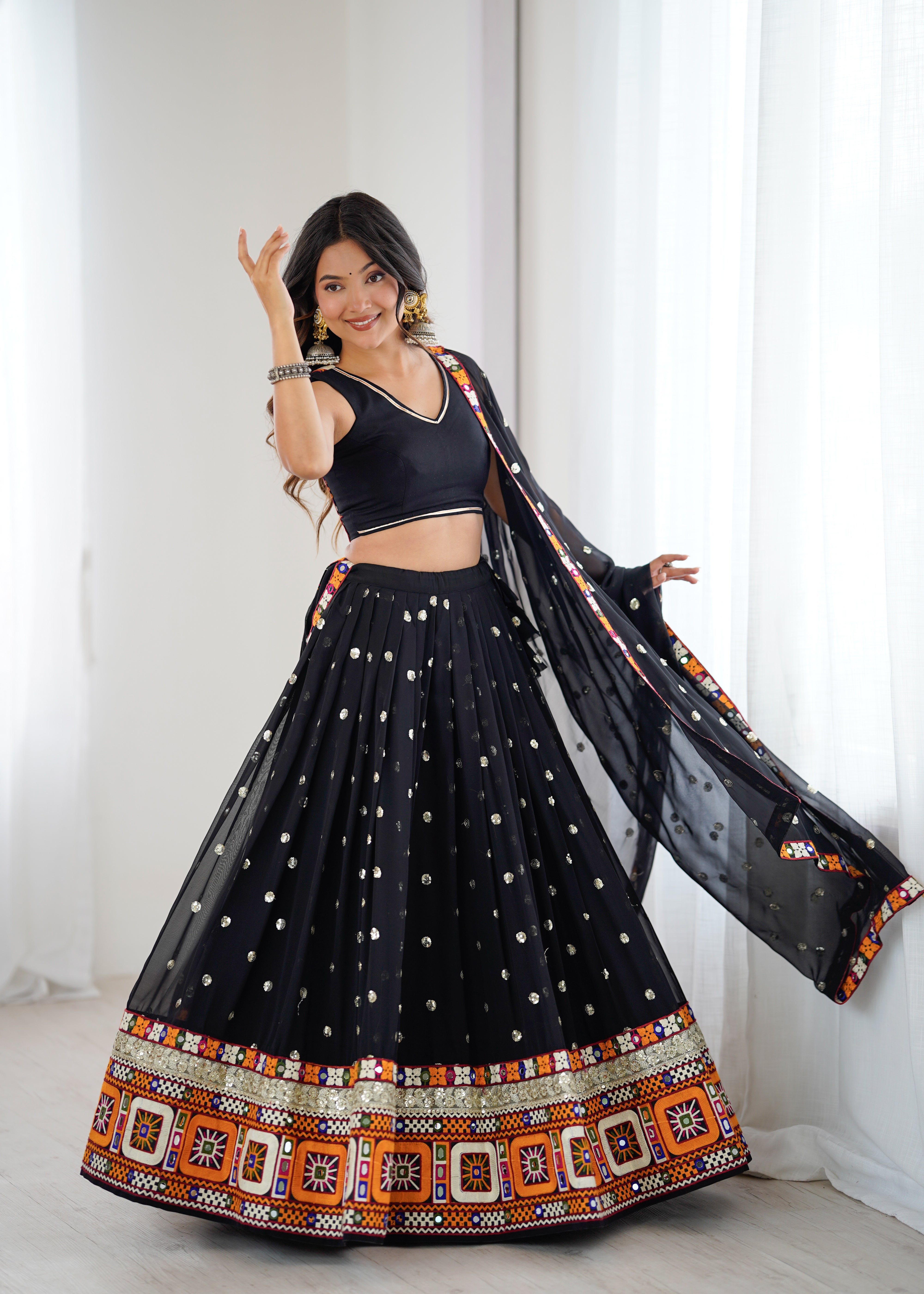 Black Georgette Lehenga Choli with Gamthi Embroidery, Real Mirror & Sequence Work | Festive & Navratri Special