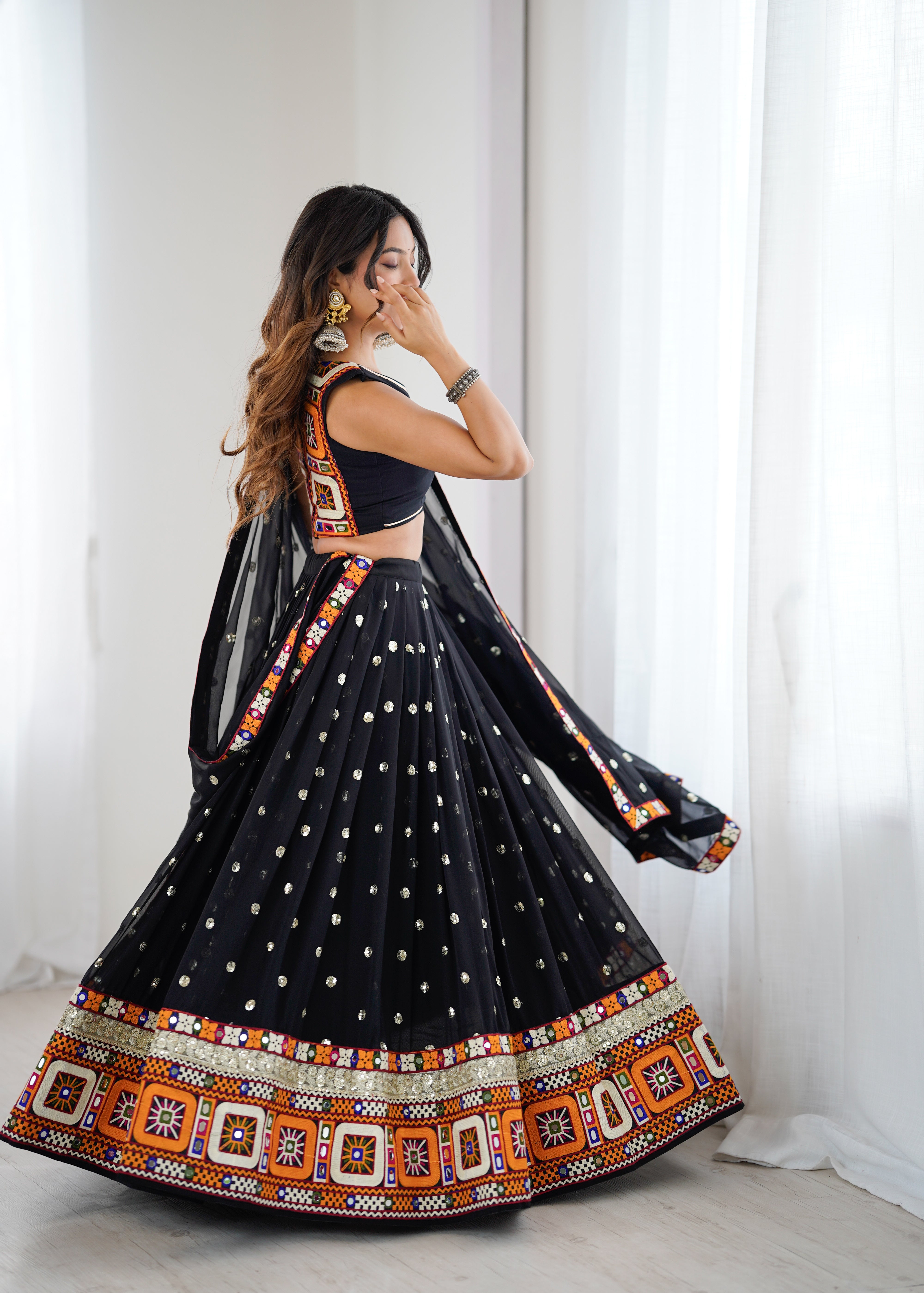 Black Georgette Lehenga Choli with Gamthi Embroidery, Real Mirror & Sequence Work | Festive & Navratri Special
