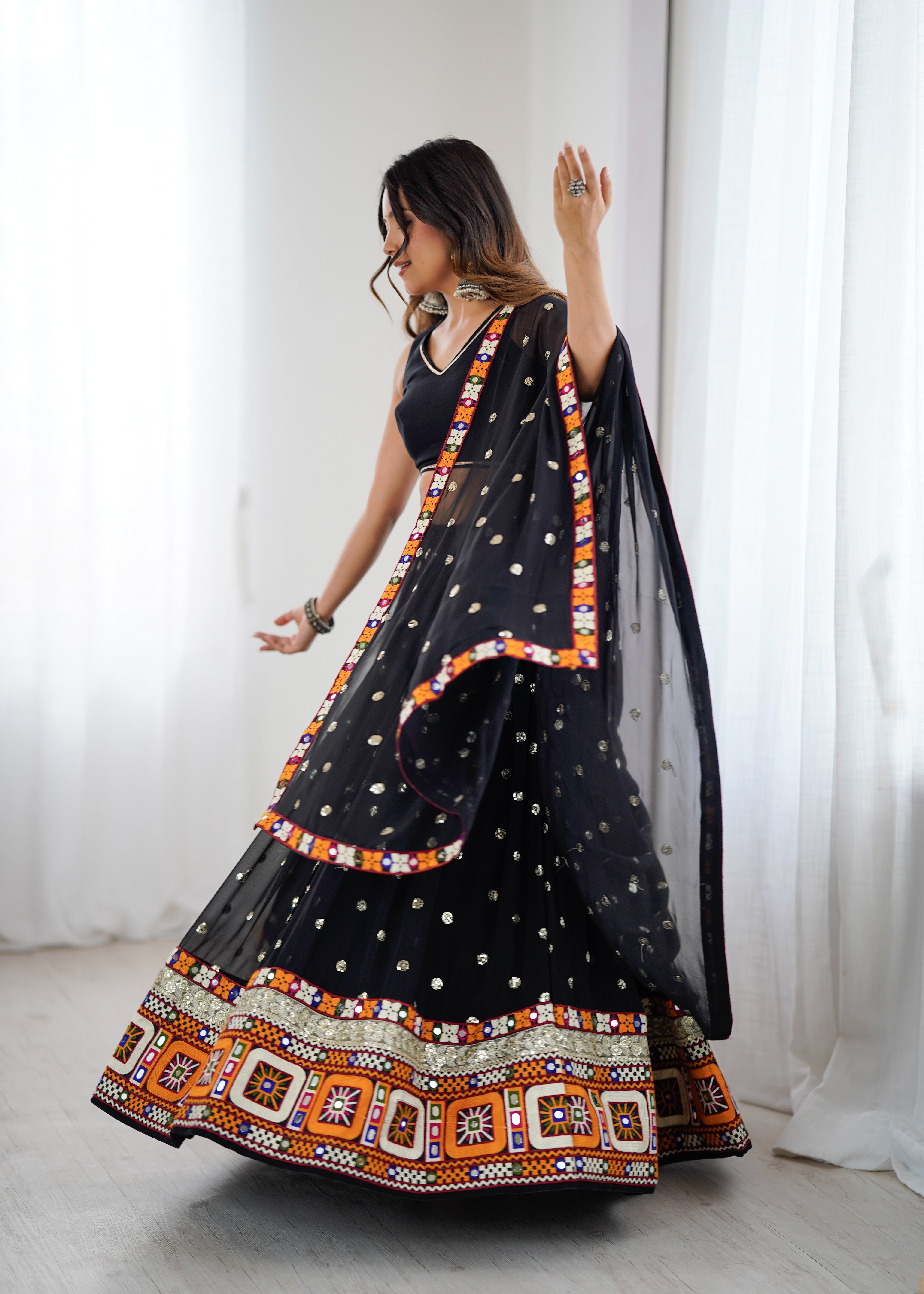 Black Georgette Lehenga Choli with Gamthi Embroidery, Real Mirror & Sequence Work | Festive & Navratri Special