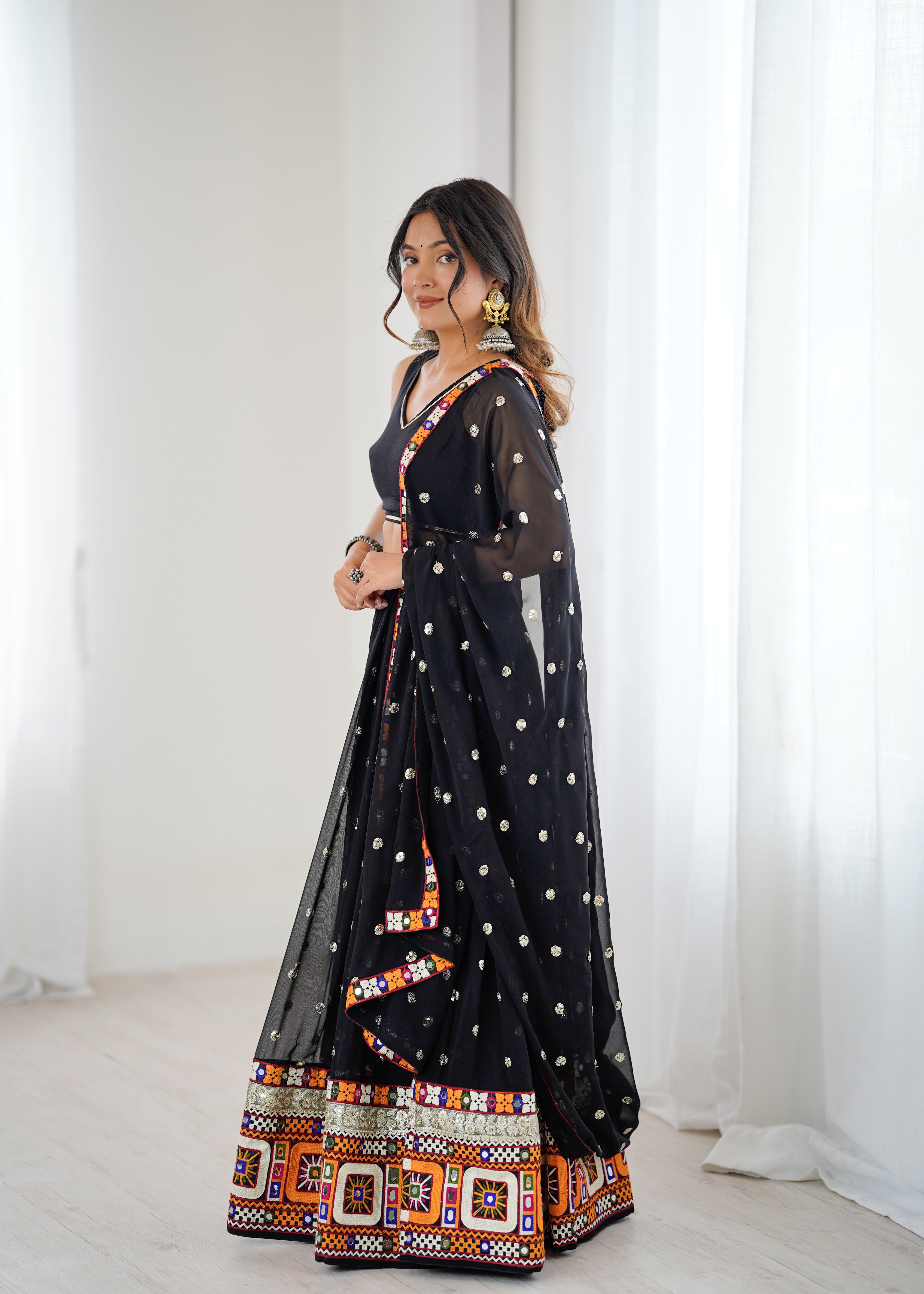 Black Georgette Lehenga Choli with Gamthi Embroidery, Real Mirror & Sequence Work | Festive & Navratri Special