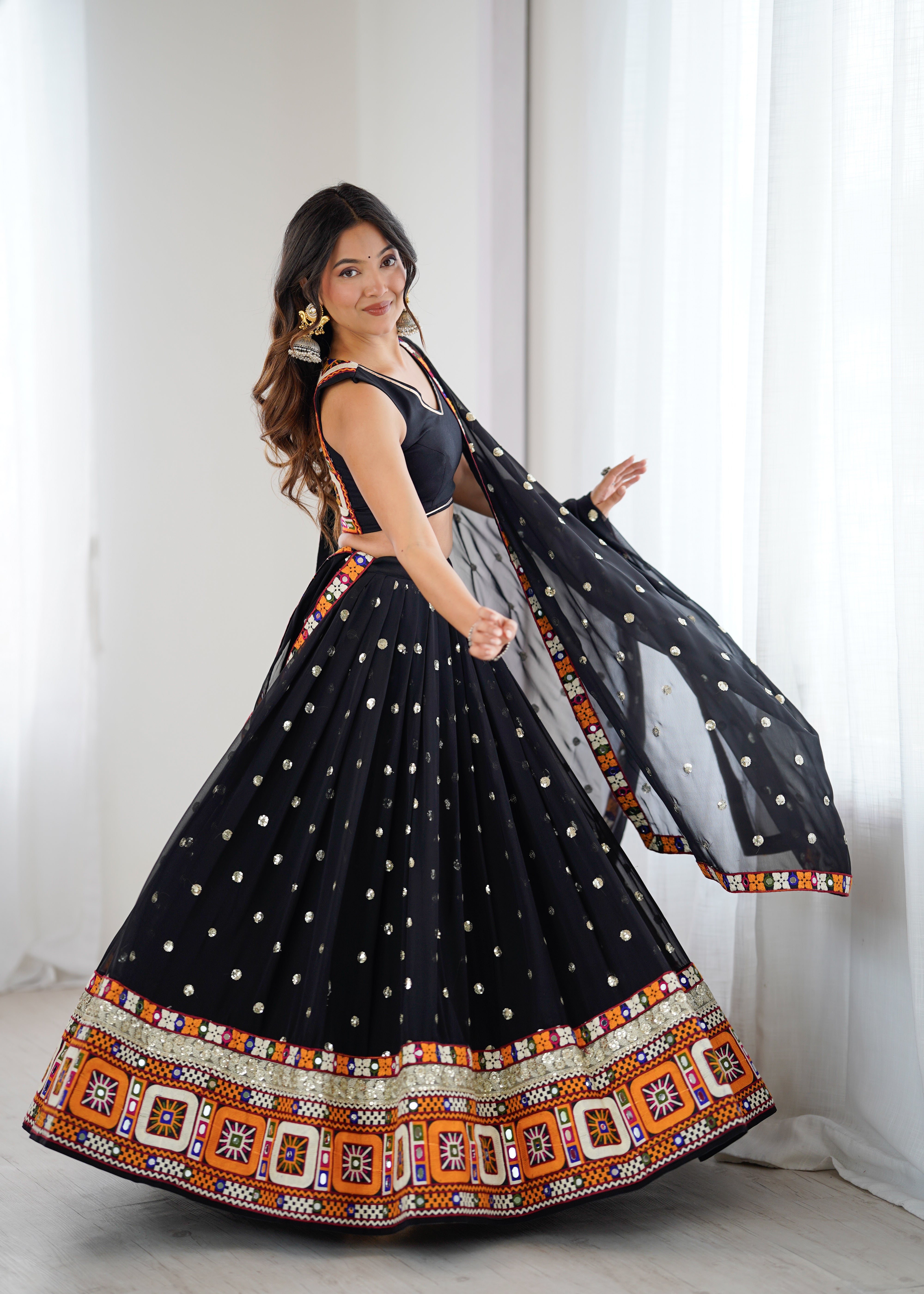 Black Georgette Lehenga Choli with Gamthi Embroidery, Real Mirror & Sequence Work | Festive & Navratri Special