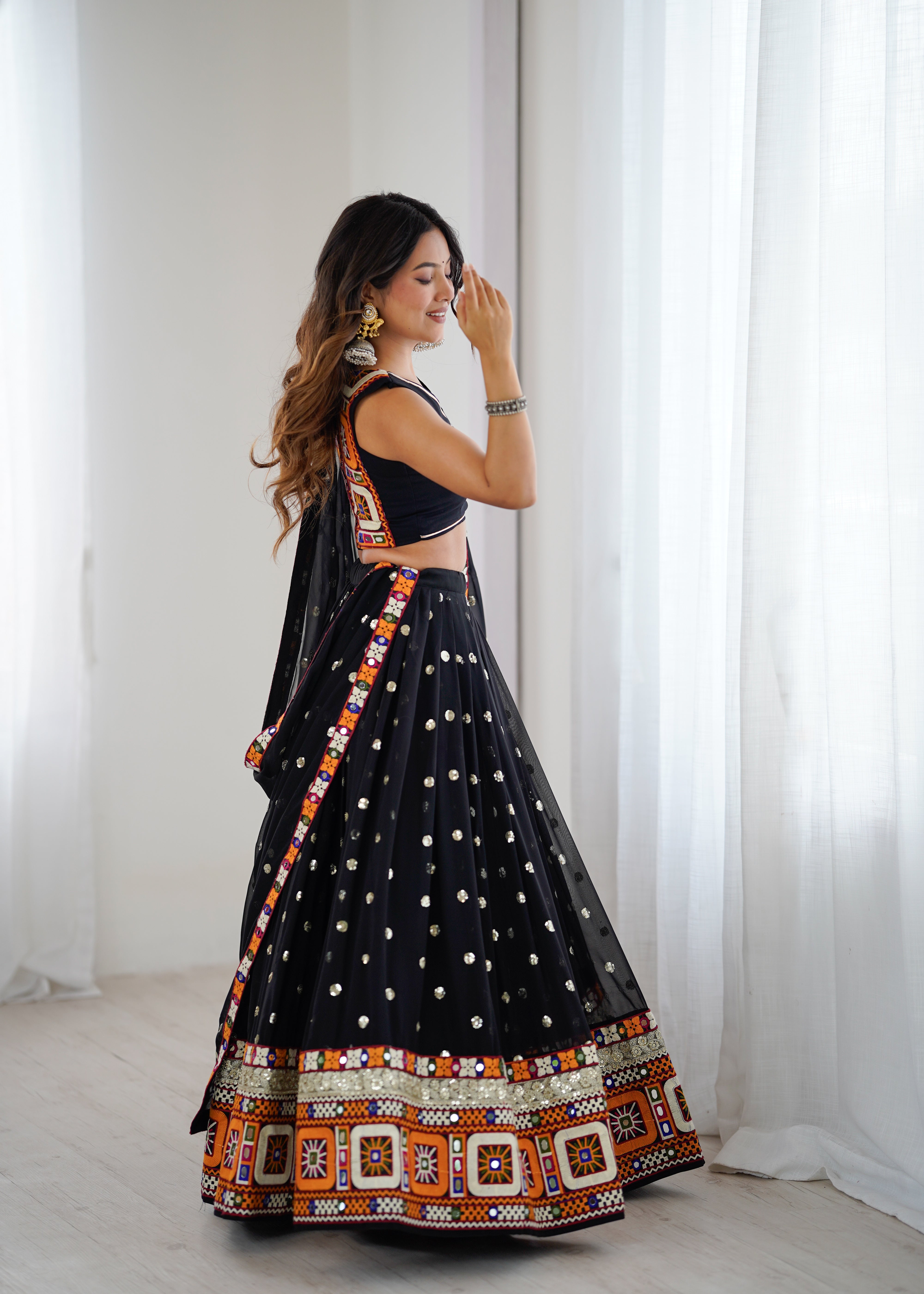 Black Georgette Lehenga Choli with Gamthi Embroidery, Real Mirror & Sequence Work | Festive & Navratri Special
