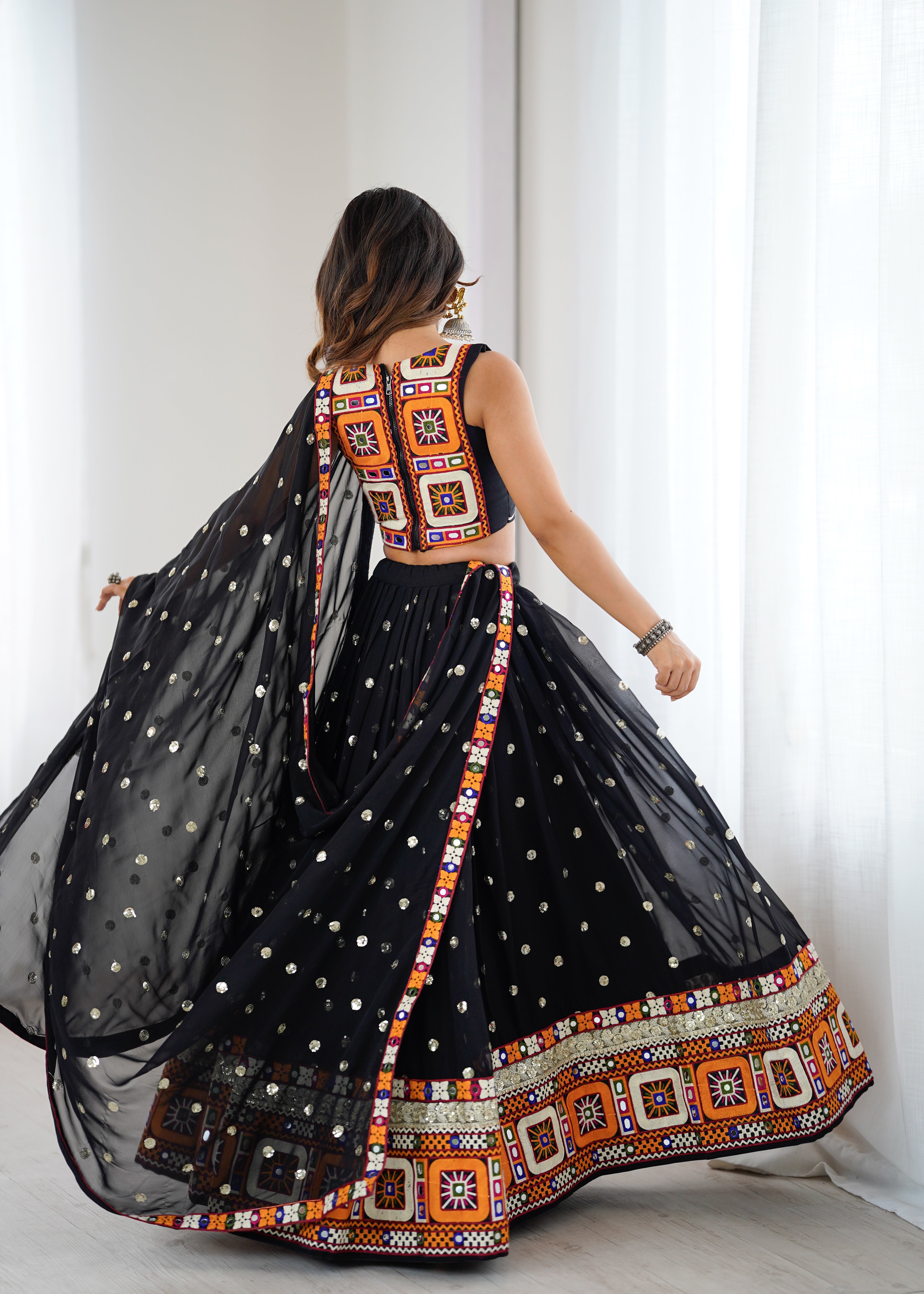 Black Georgette Lehenga Choli with Gamthi Embroidery, Real Mirror & Sequence Work | Festive & Navratri Special