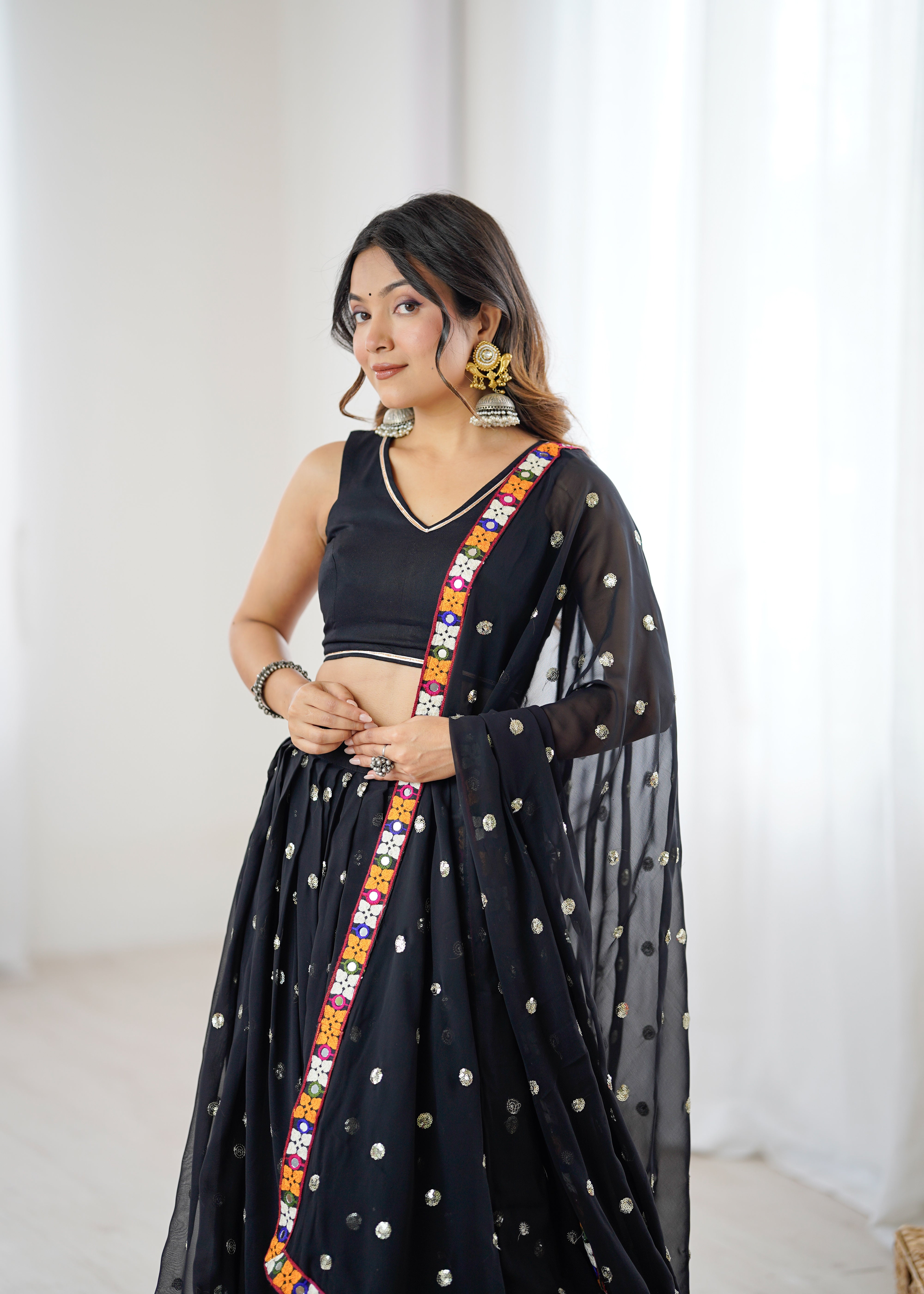 Black Georgette Lehenga Choli with Gamthi Embroidery, Real Mirror & Sequence Work | Festive & Navratri Special