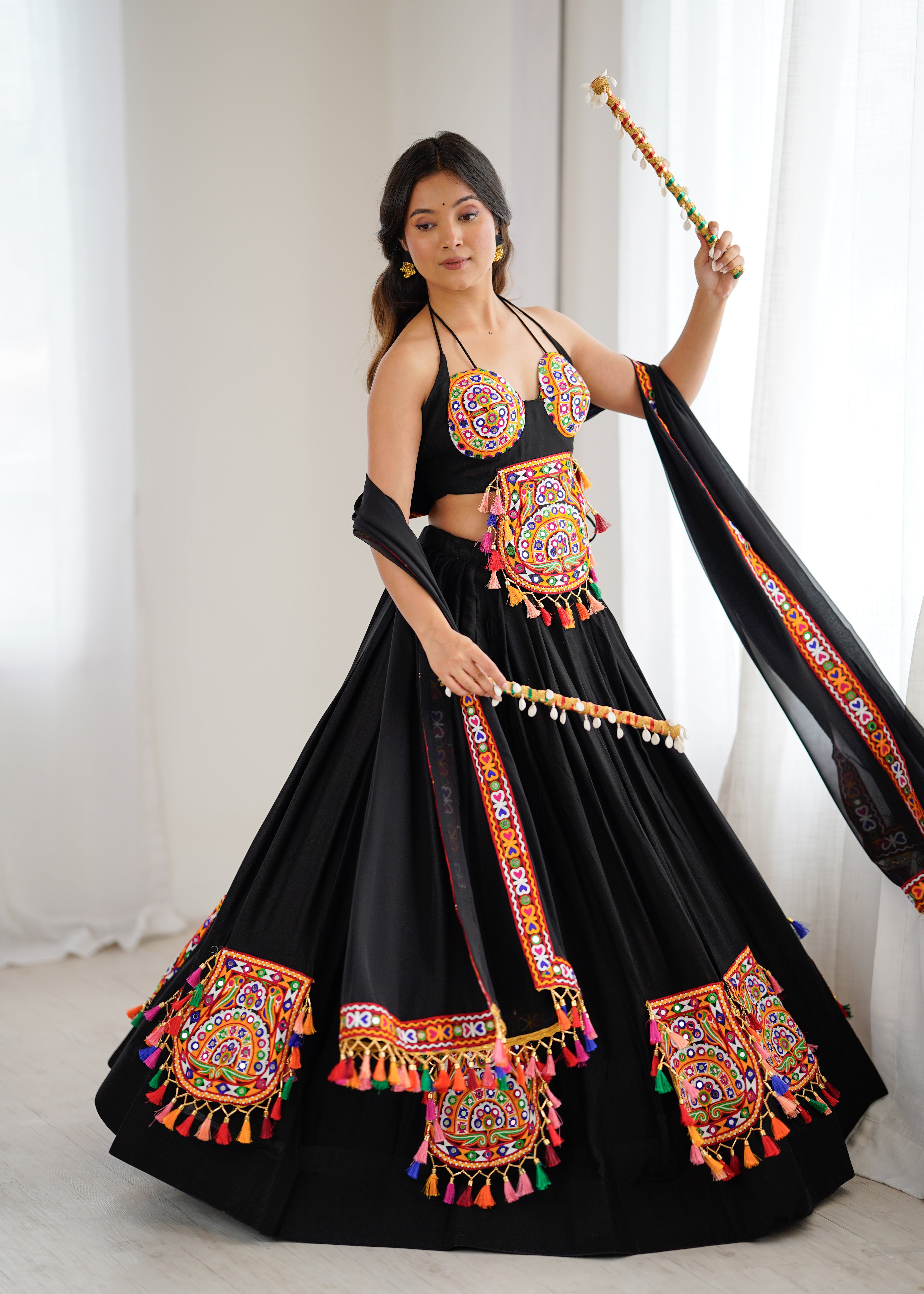 Black Gamthi Embroidered Lehenga Choli with Real Mirror Work & Tassels | Festive & Navratri Special