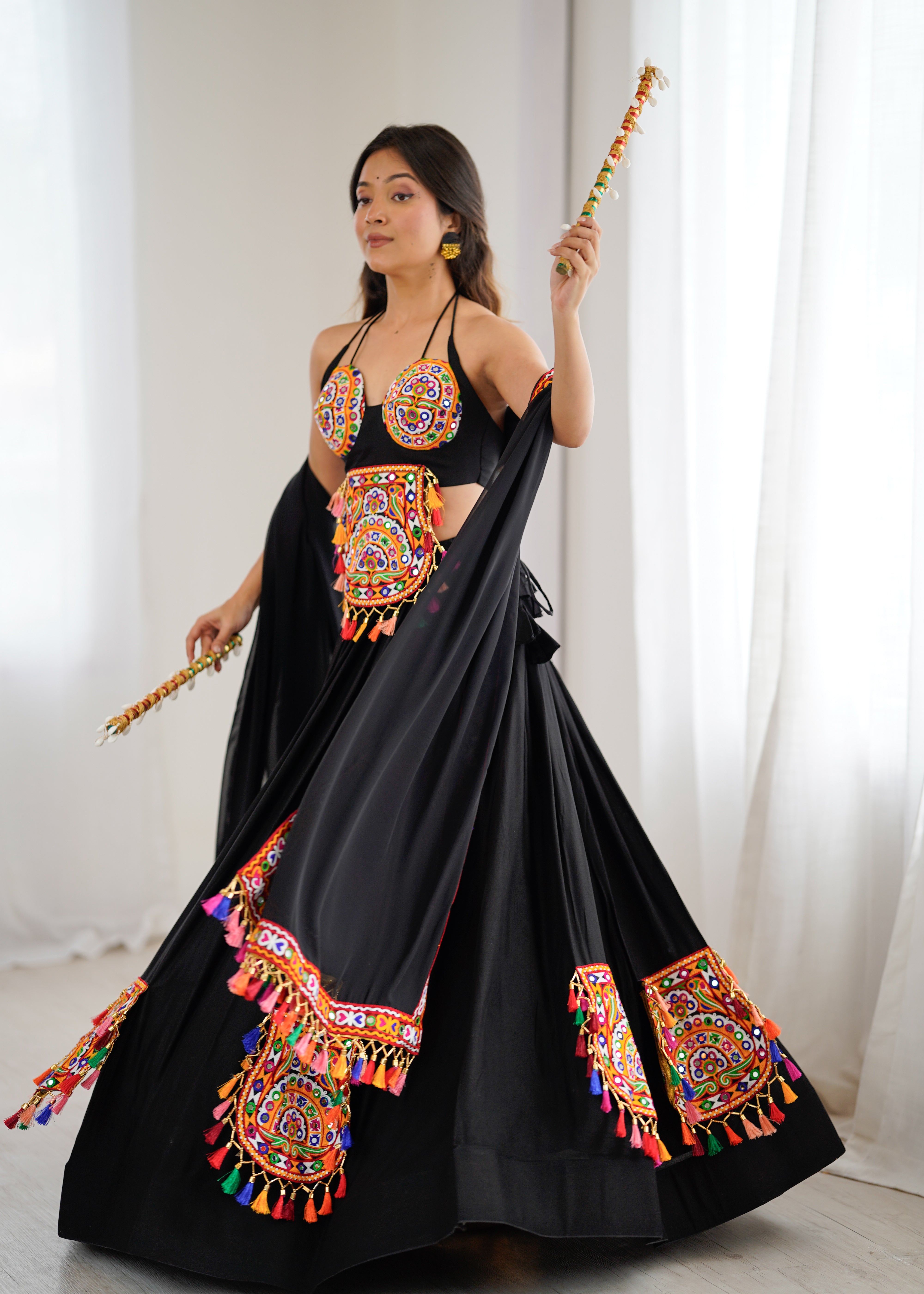 Black Gamthi Embroidered Lehenga Choli with Real Mirror Work & Tassels | Festive & Navratri Special