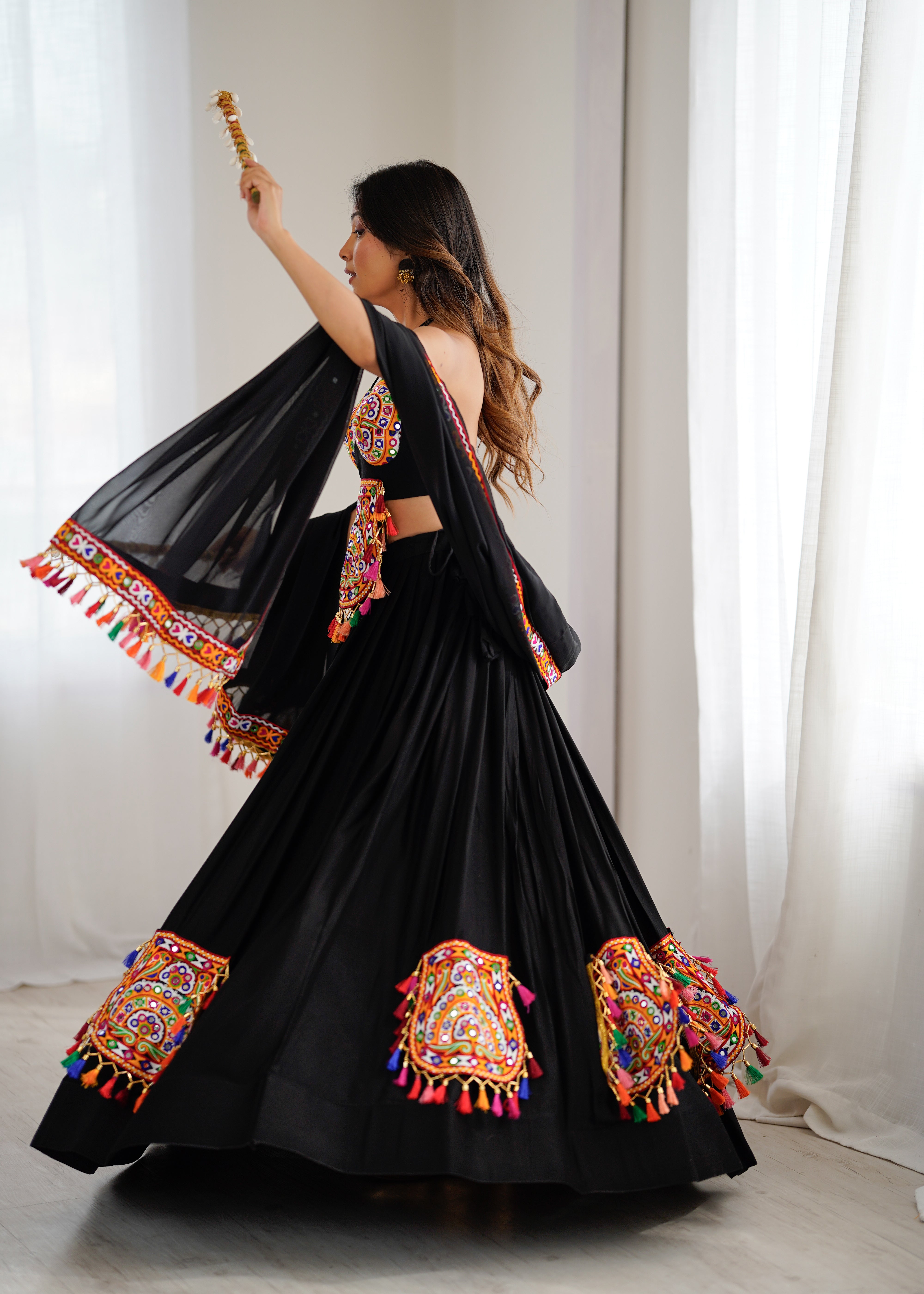 Black Gamthi Embroidered Lehenga Choli with Real Mirror Work & Tassels | Festive & Navratri Special