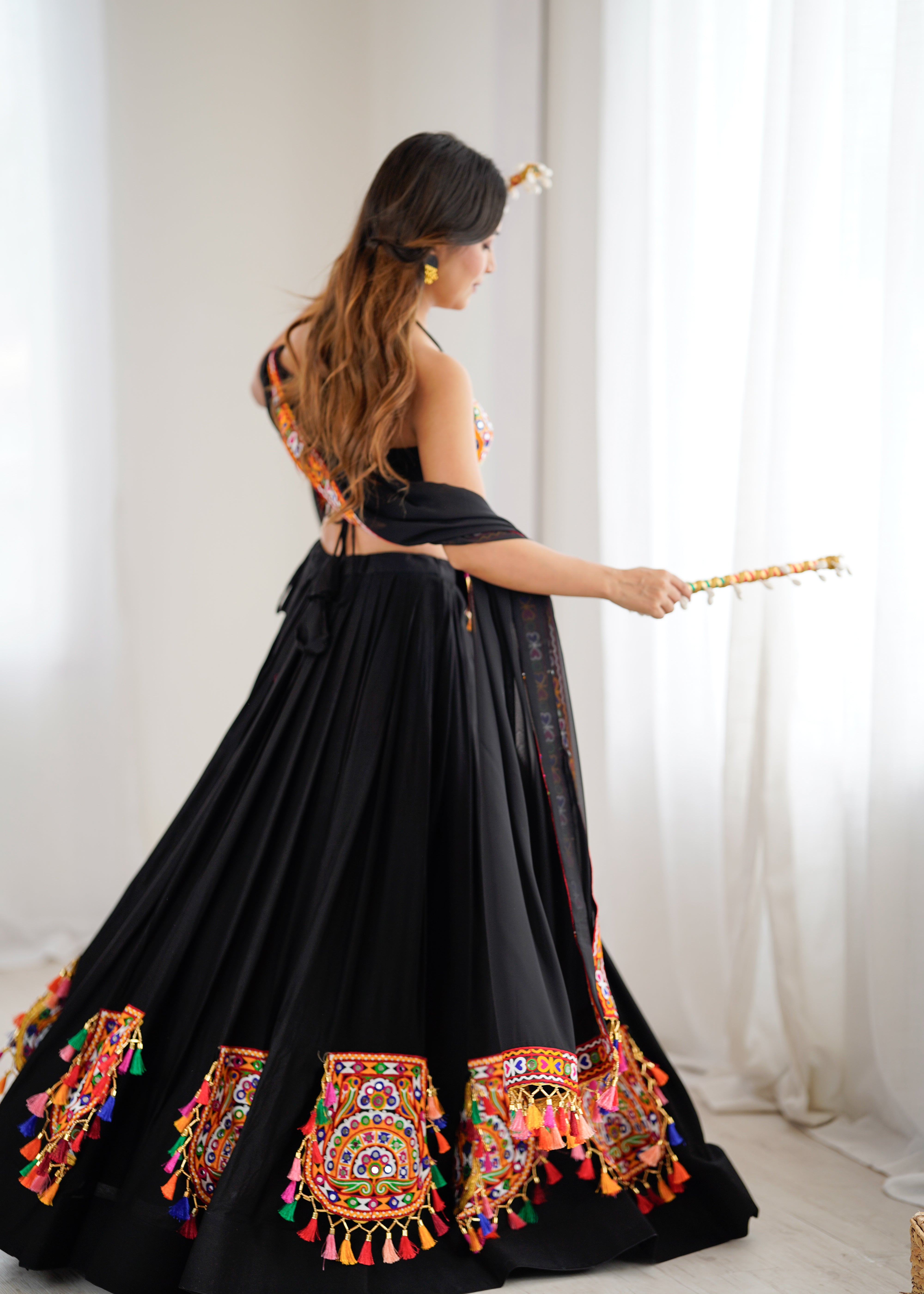 Black Gamthi Embroidered Lehenga Choli with Real Mirror Work & Tassels | Festive & Navratri Special