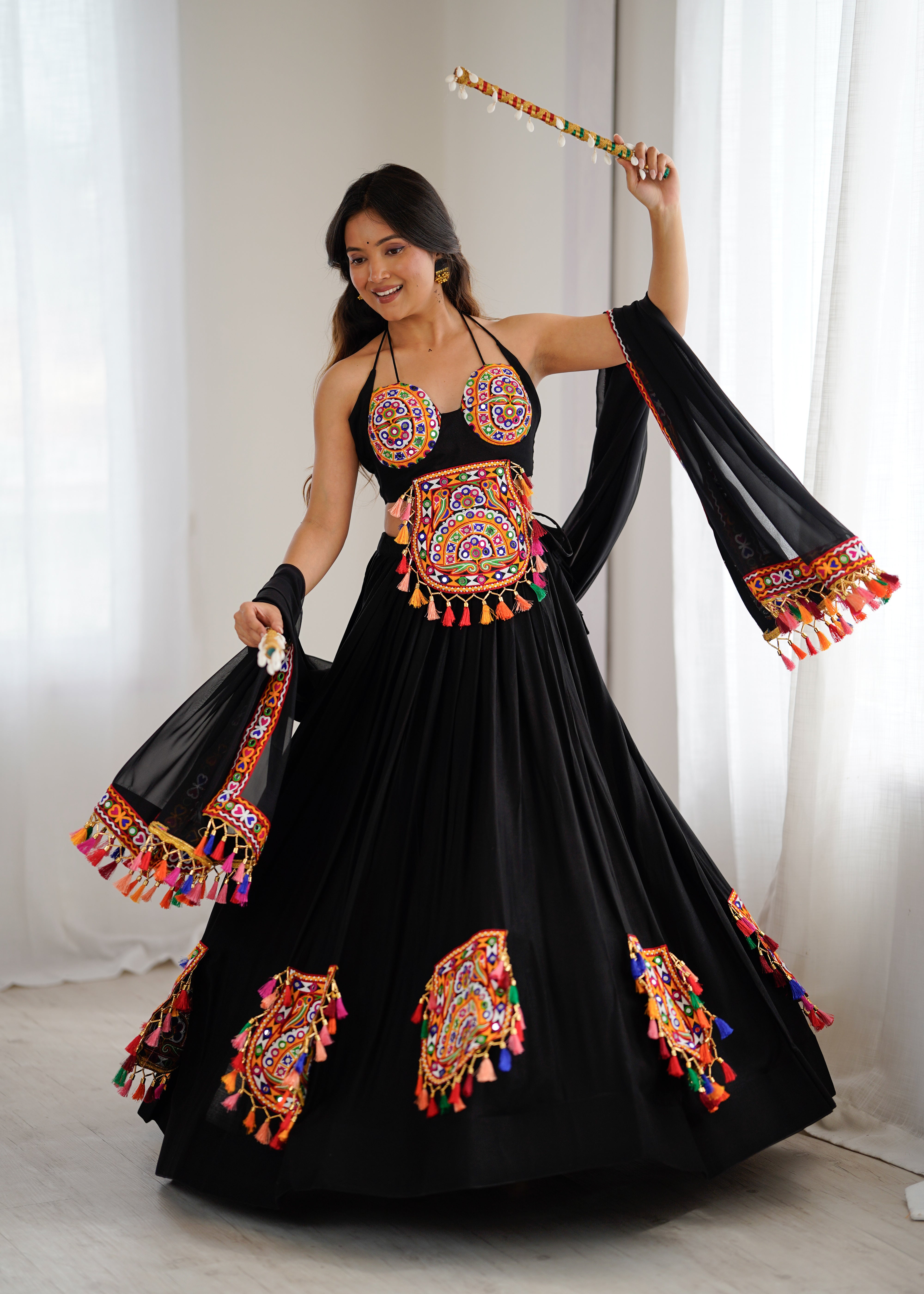 Black Gamthi Embroidered Lehenga Choli with Real Mirror Work & Tassels | Festive & Navratri Special