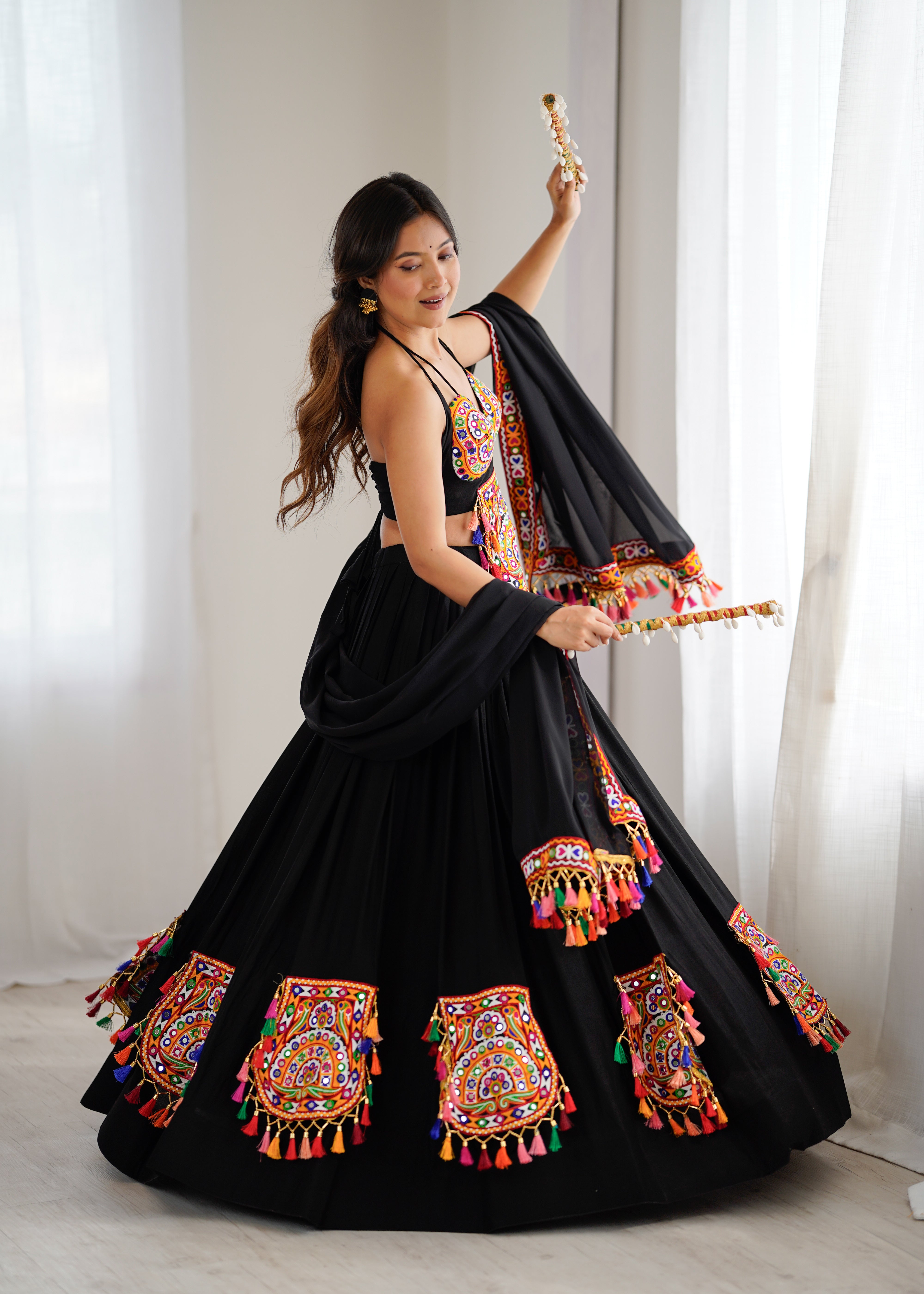Black Gamthi Embroidered Lehenga Choli with Real Mirror Work & Tassels | Festive & Navratri Special