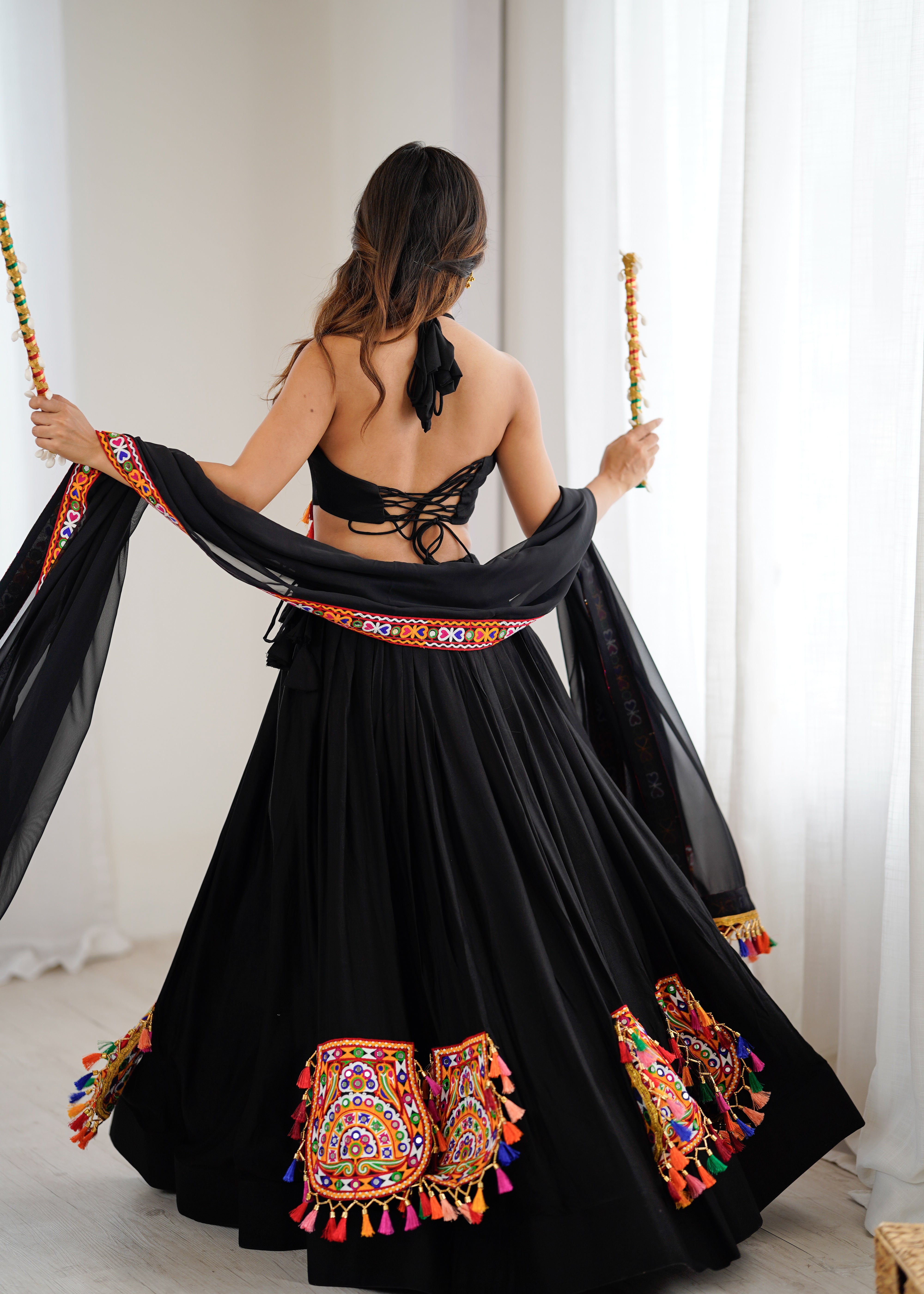 Black Gamthi Embroidered Lehenga Choli with Real Mirror Work & Tassels | Festive & Navratri Special