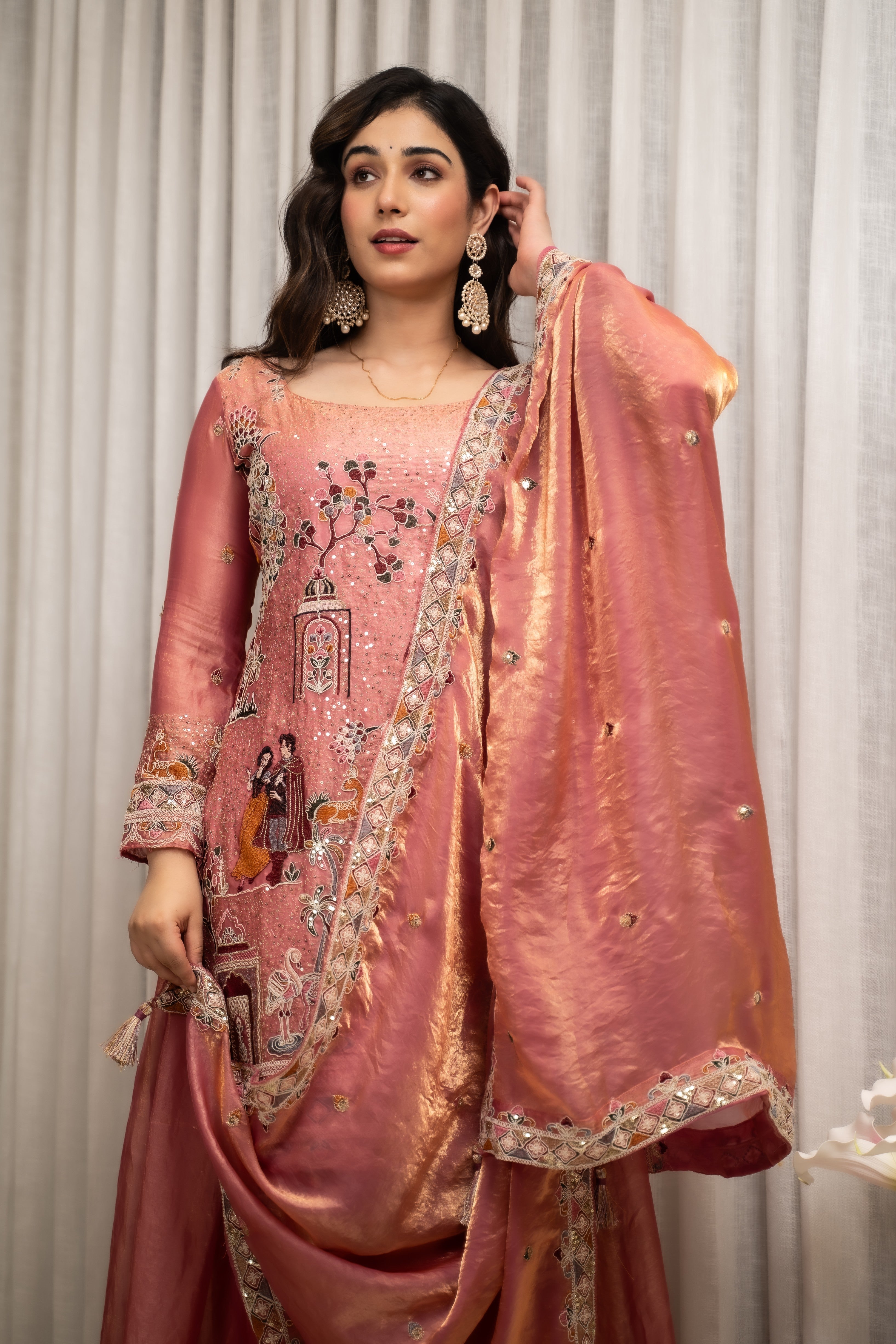 Elegant Gold Crush Embroidered Suit Set with Palazzo & Dupatta – Peach Pink (Fully Stitched)