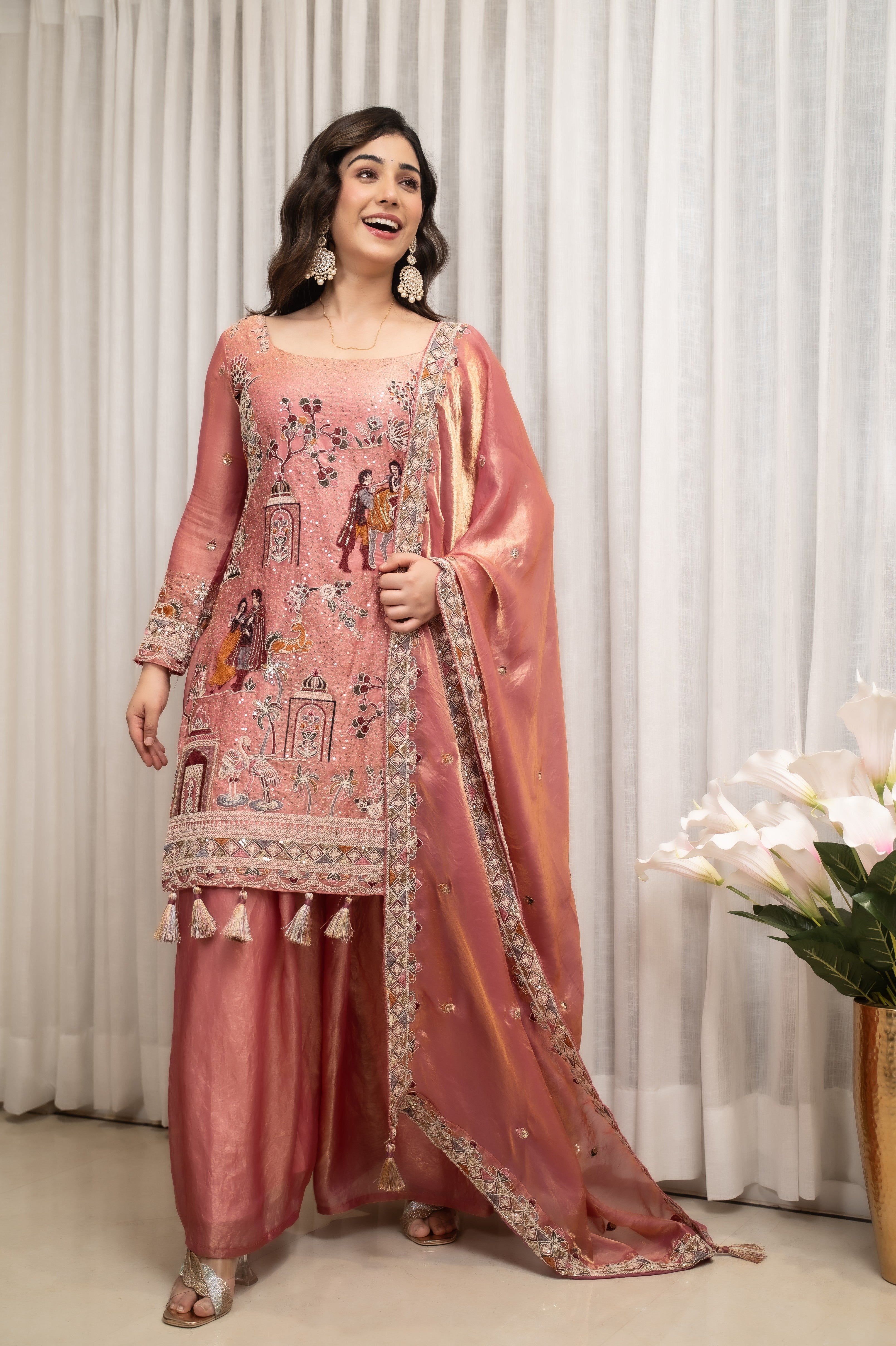 Elegant Gold Crush Embroidered Suit Set with Palazzo & Dupatta – Peach Pink (Fully Stitched)