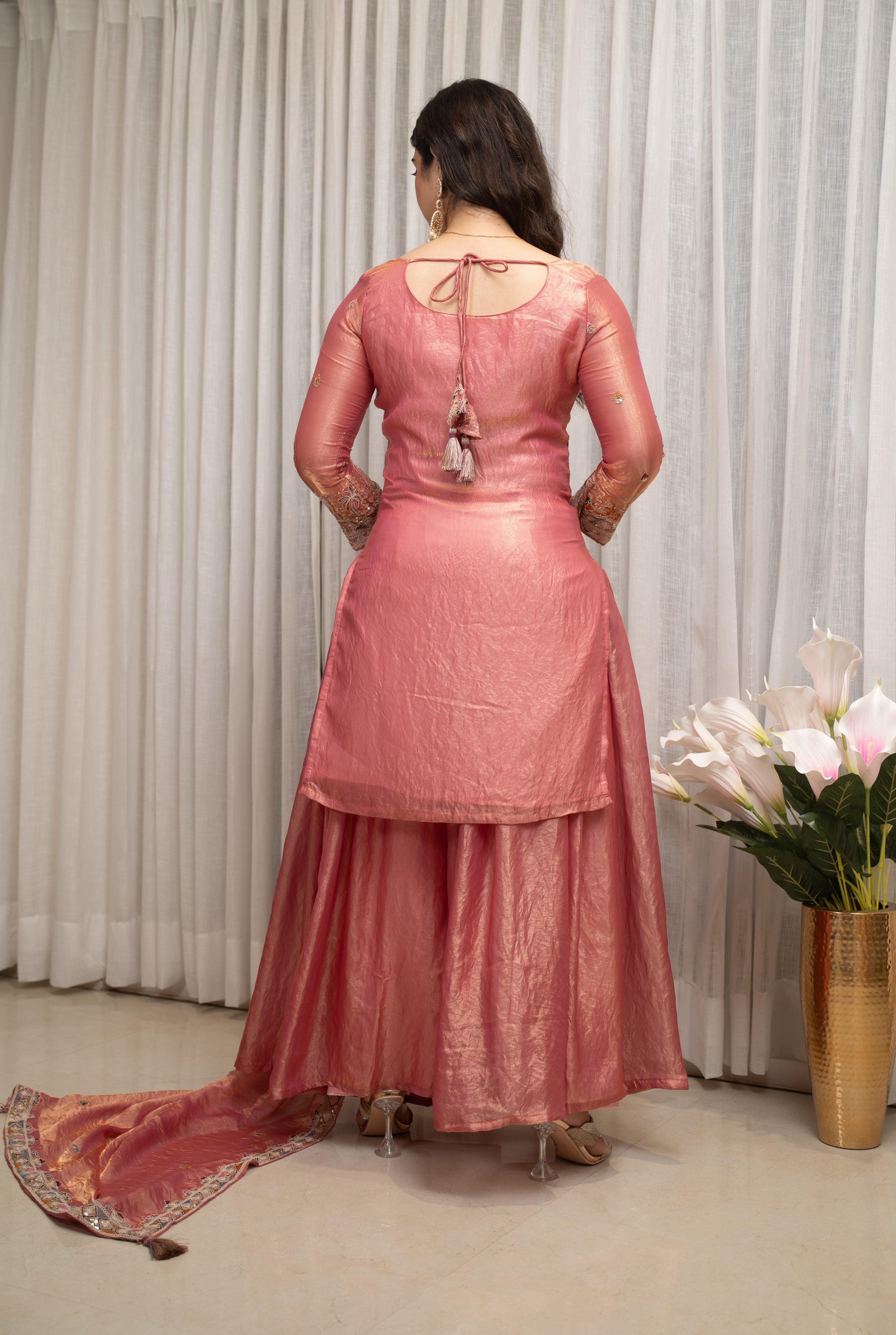 Elegant Gold Crush Embroidered Suit Set with Palazzo & Dupatta – Peach Pink (Fully Stitched)