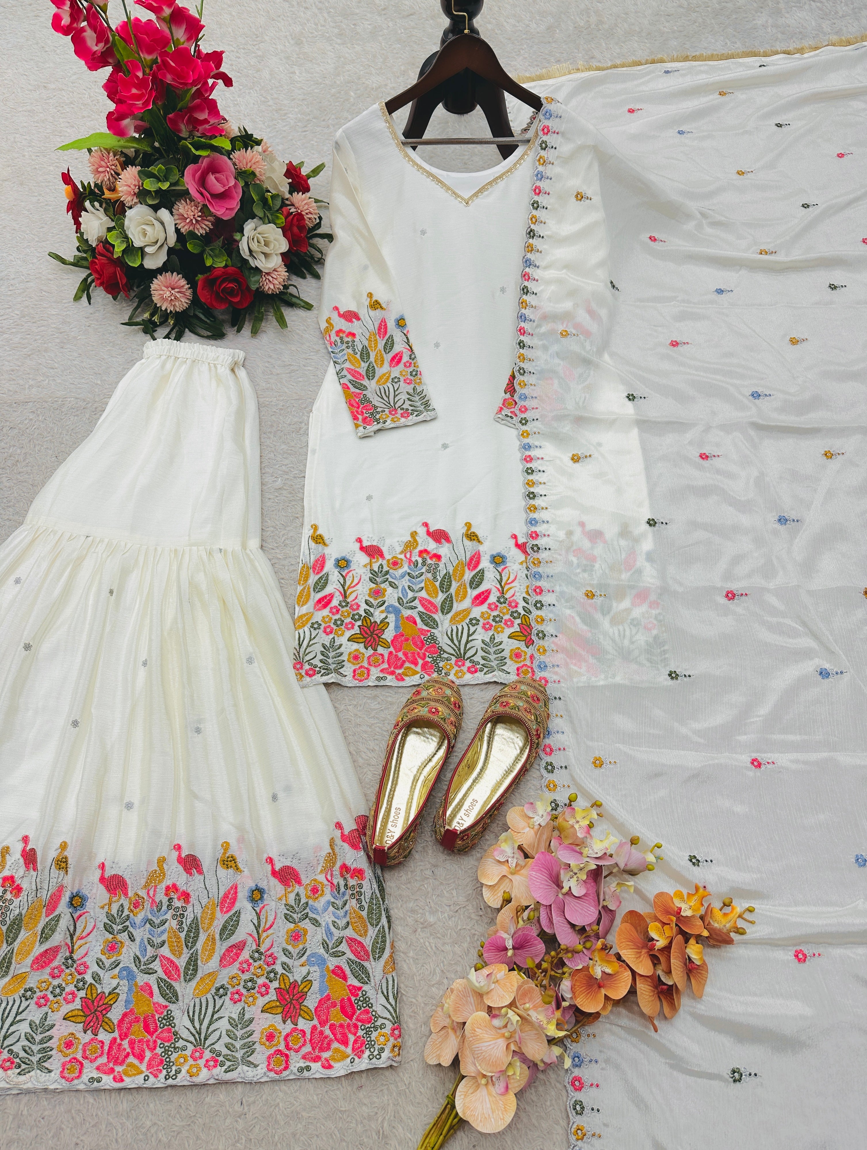 Elegant Cinon Silk Embroidered Sharara Set with Dupatta