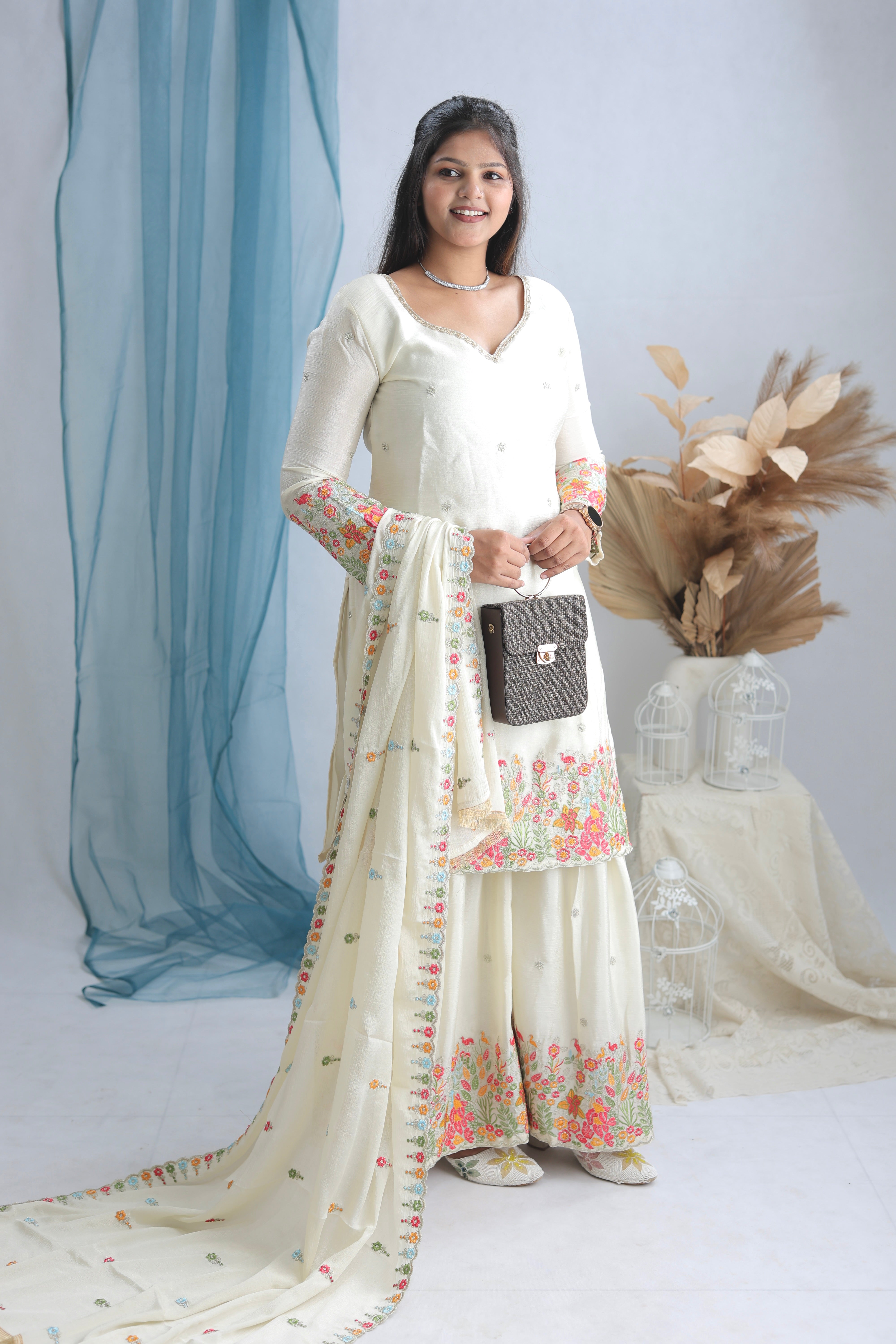 Elegant Cinon Silk Embroidered Sharara Set with Dupatta