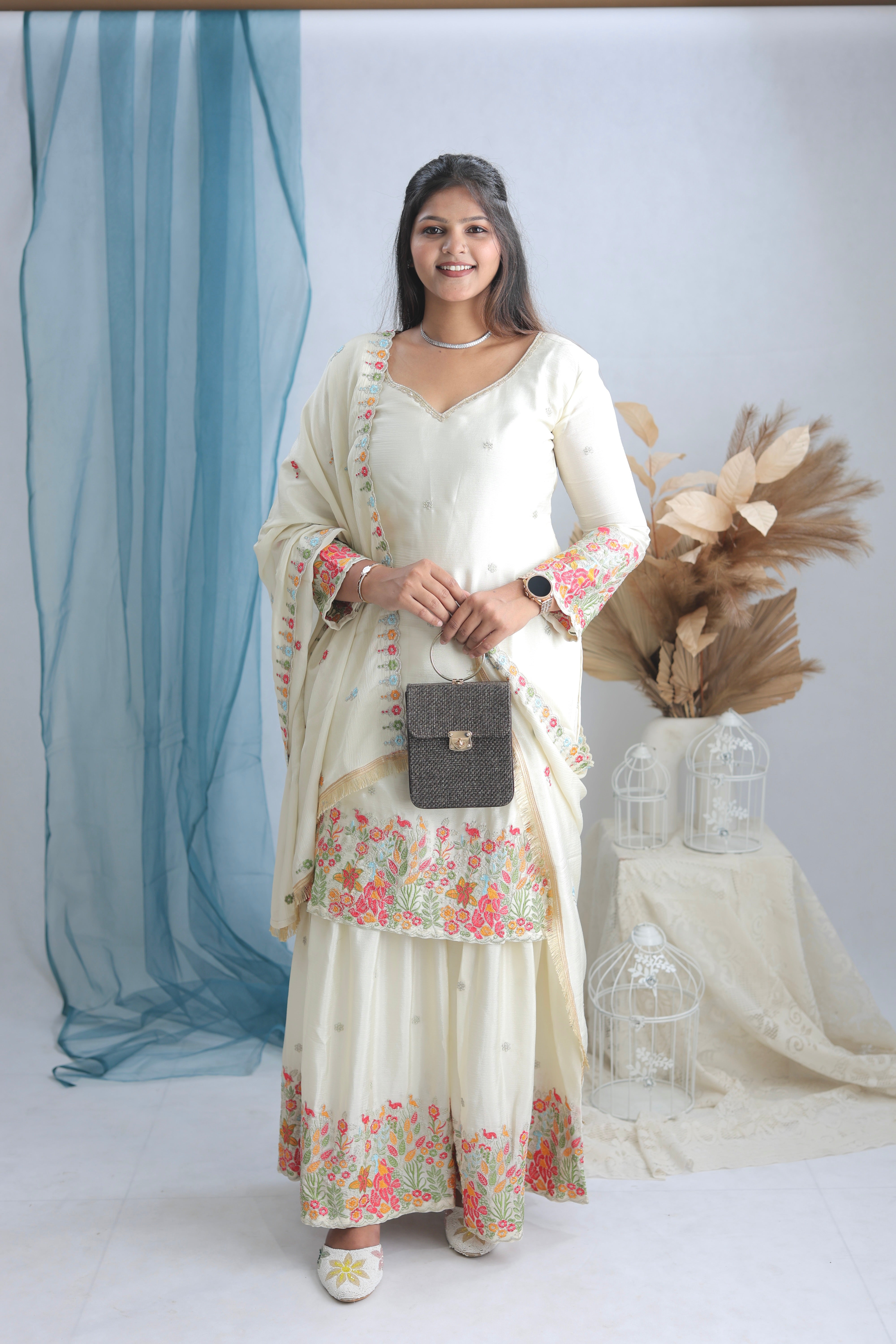 Elegant Cinon Silk Embroidered Sharara Set with Dupatta
