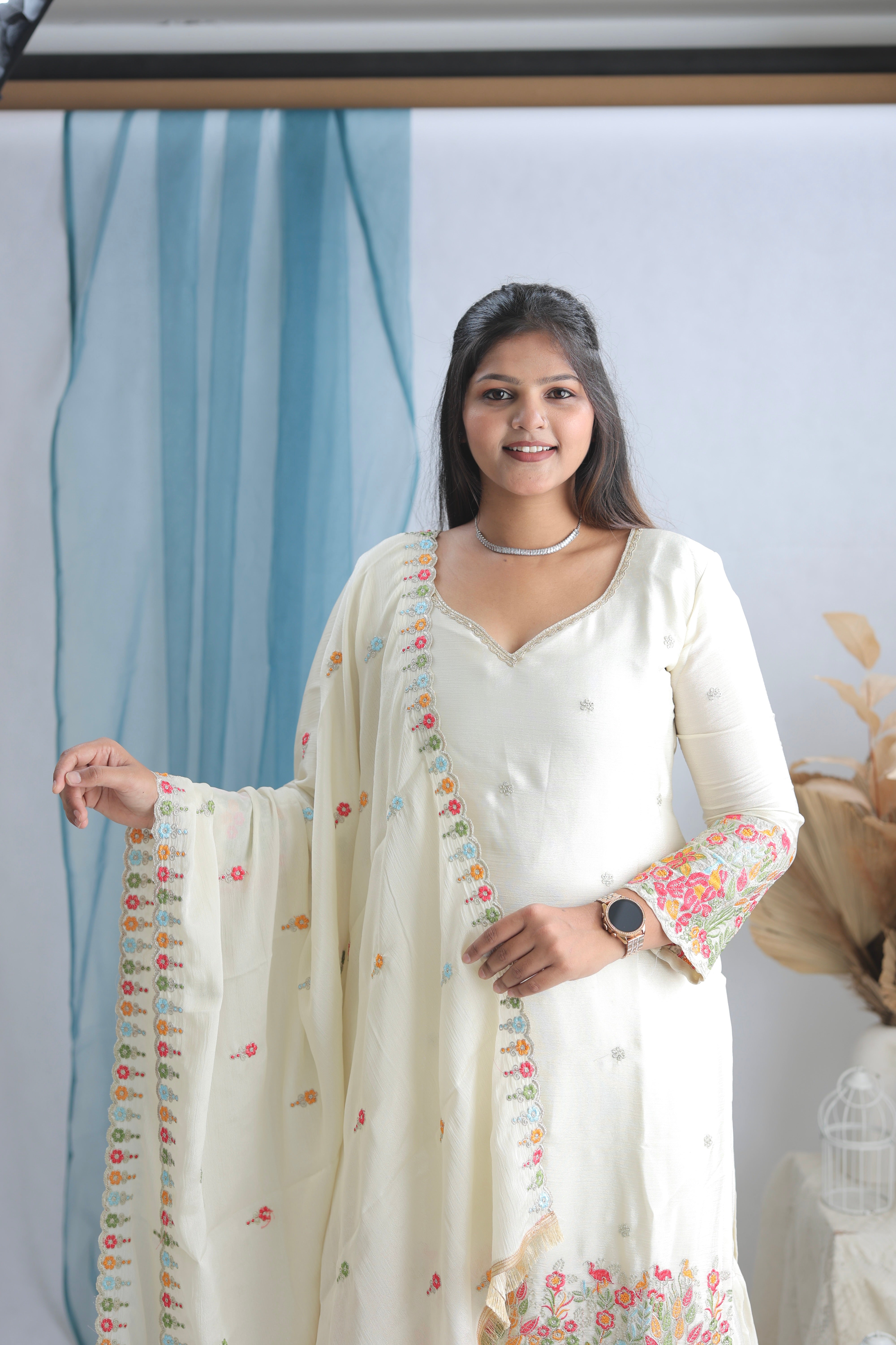 Elegant Cinon Silk Embroidered Sharara Set with Dupatta