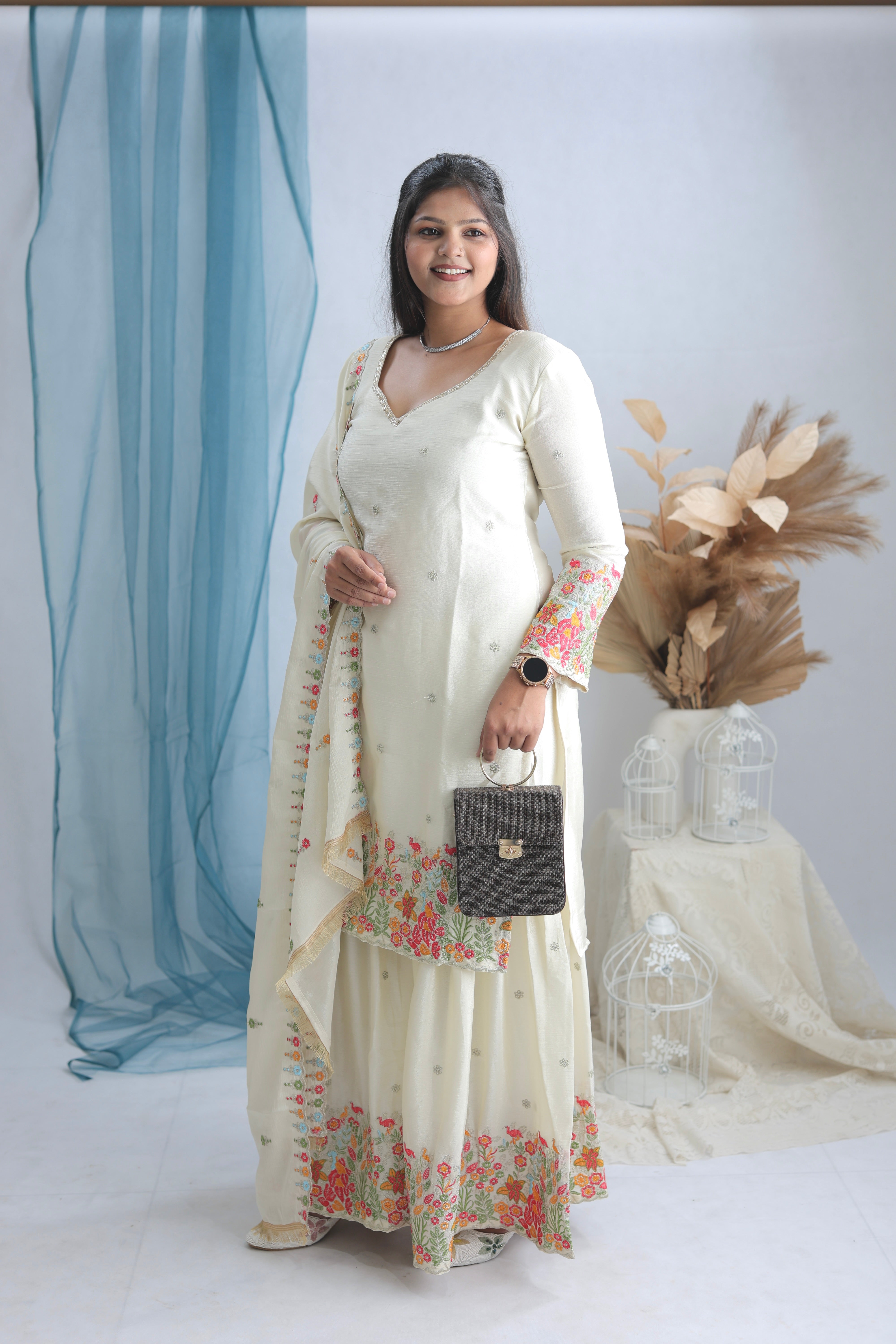 Elegant Cinon Silk Embroidered Sharara Set with Dupatta