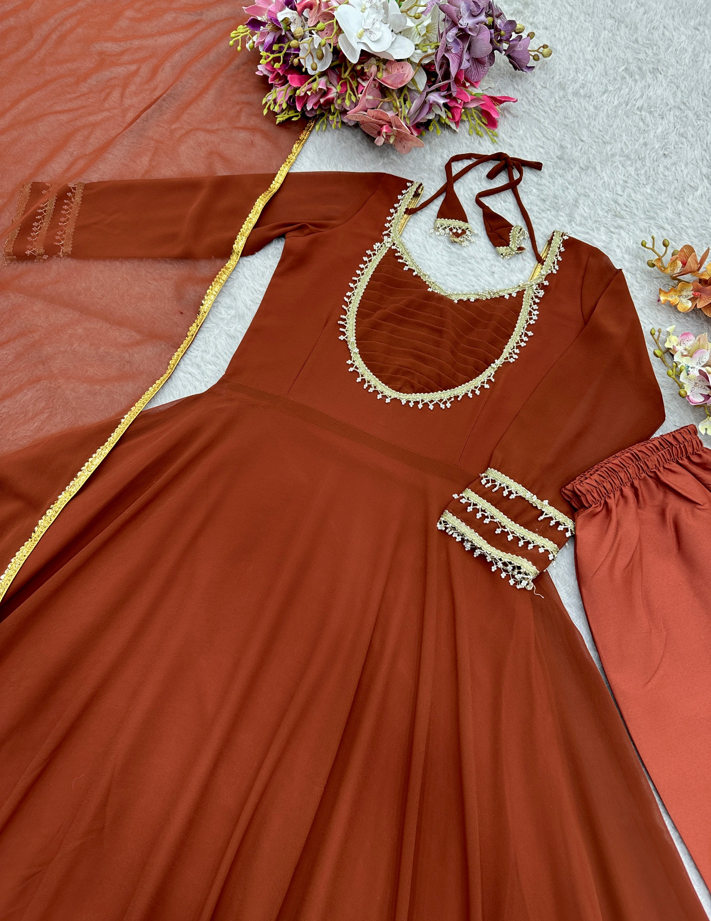 Designer Fox Georgette Anarkali Suit with Handwork, Pant & Dupatta