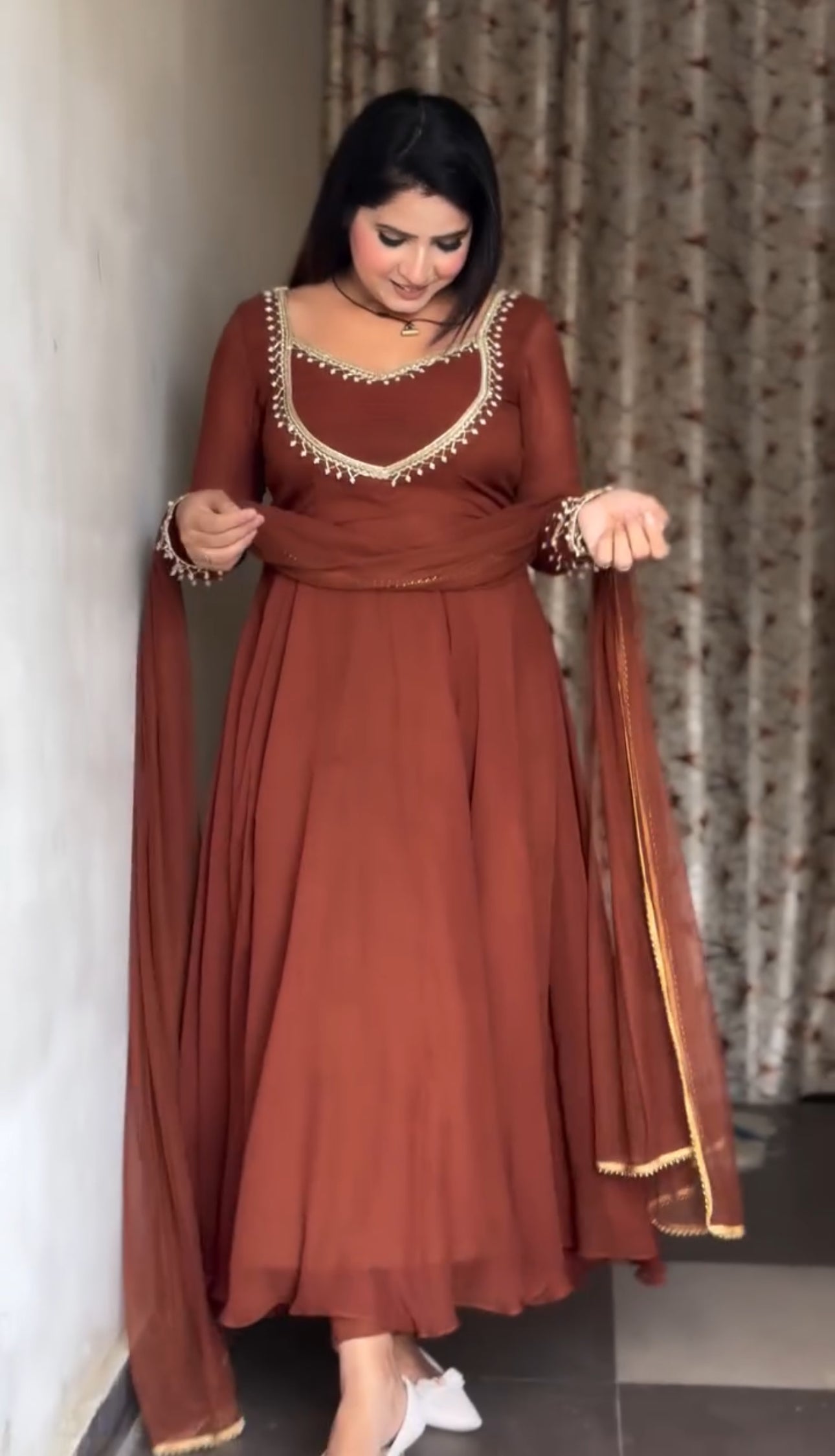 Designer Fox Georgette Anarkali Suit with Handwork, Pant & Dupatta