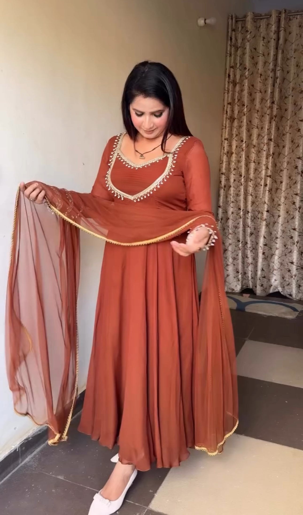 Designer Fox Georgette Anarkali Suit with Handwork, Pant & Dupatta