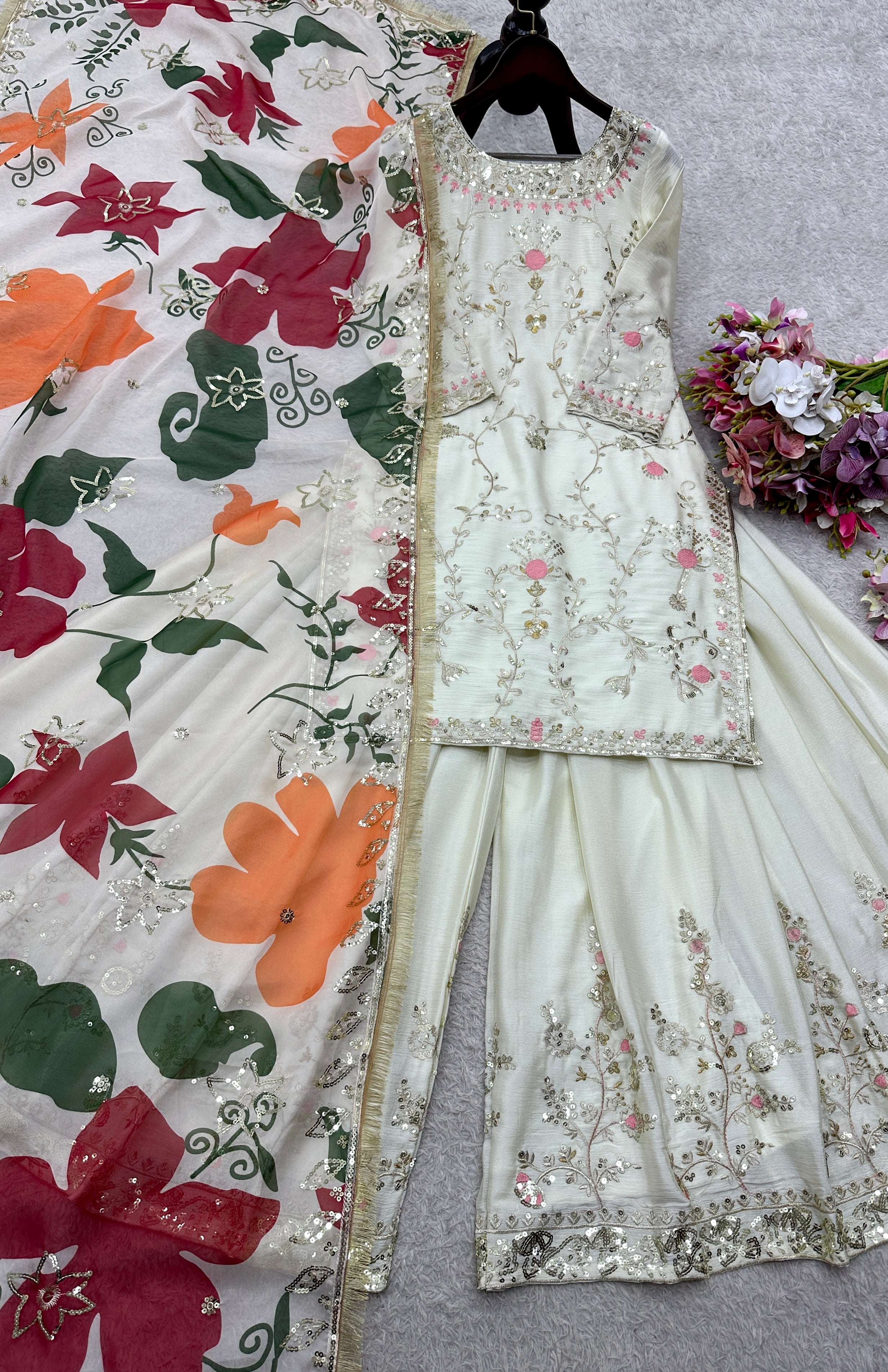 Cinon Silk Embroidered Sharara Set with Digital Print Dupatta