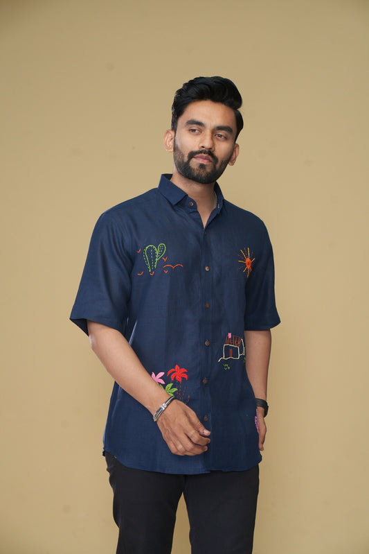 Men's Hand Crafted Linen Shirt Nevy Blue