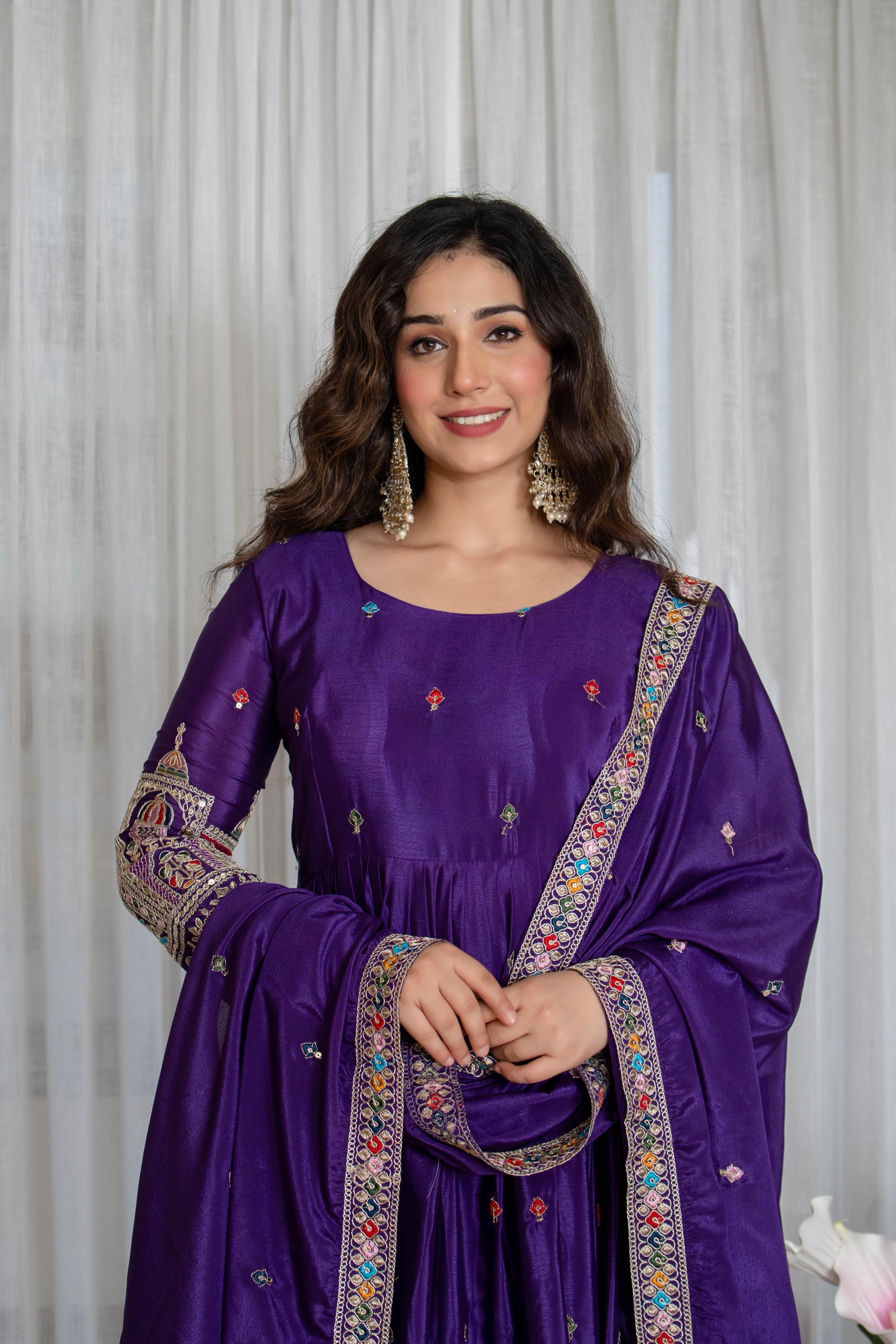 Premium Pure Cinon Silk Embroidered Gown Set with Dupatta – Royal Purple (Fully Stitched)