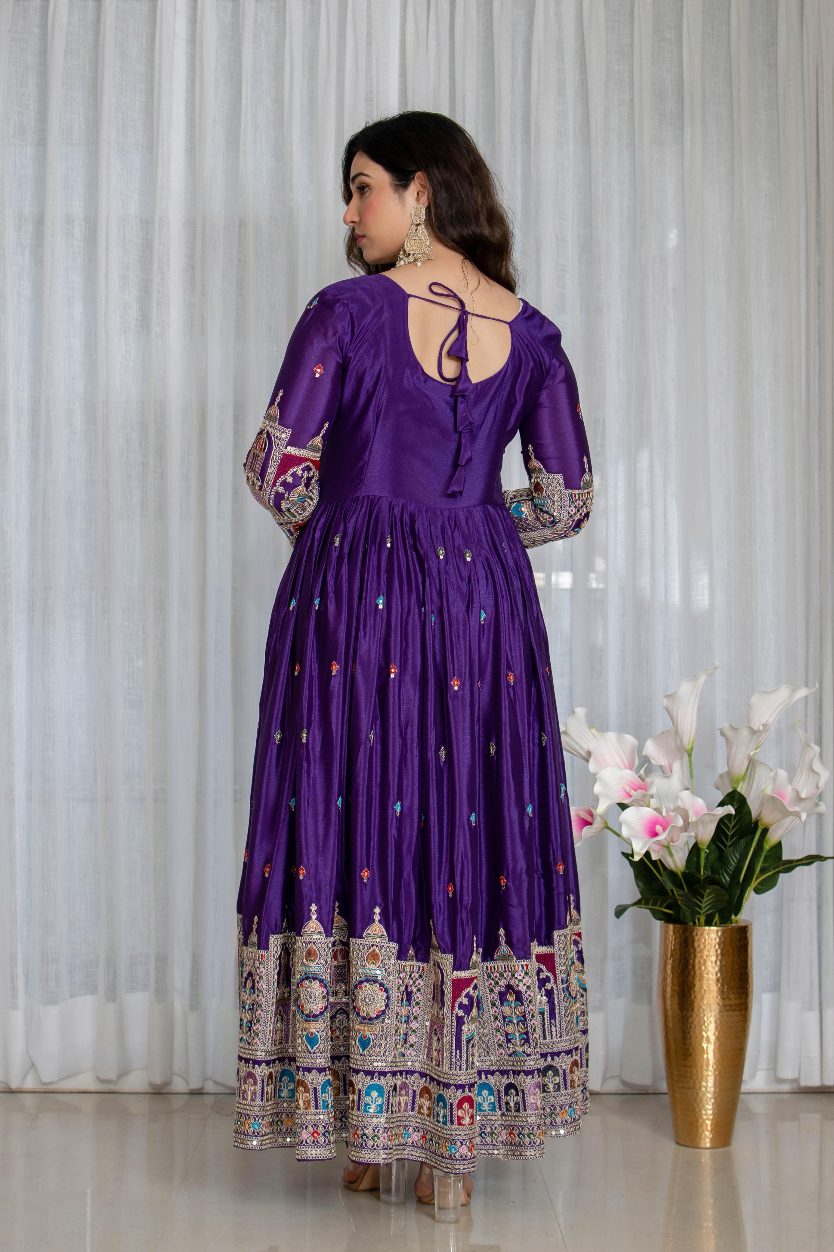 Premium Pure Cinon Silk Embroidered Gown Set with Dupatta – Royal Purple (Fully Stitched)