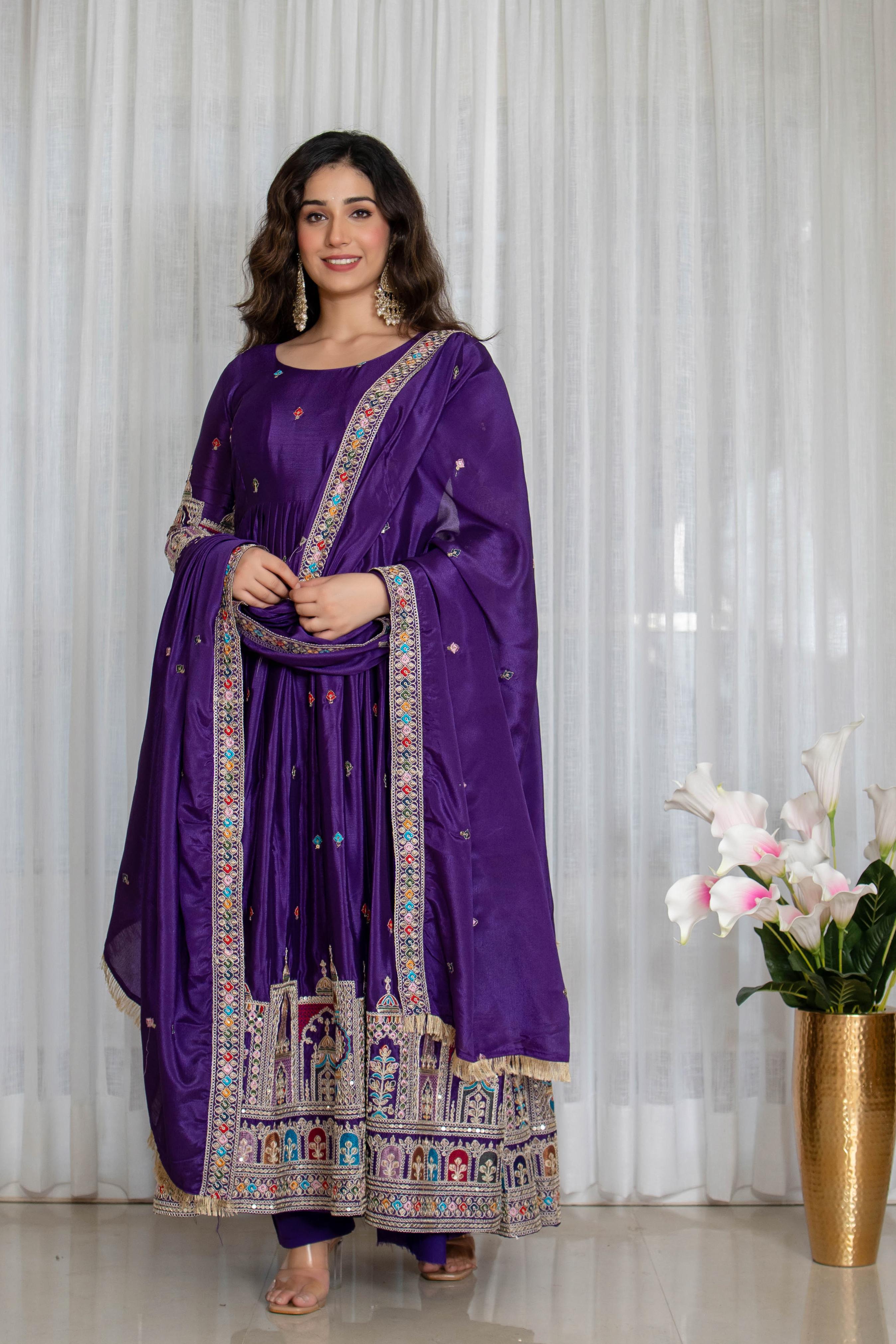 Premium Pure Cinon Silk Embroidered Gown Set with Dupatta – Royal Purple (Fully Stitched)