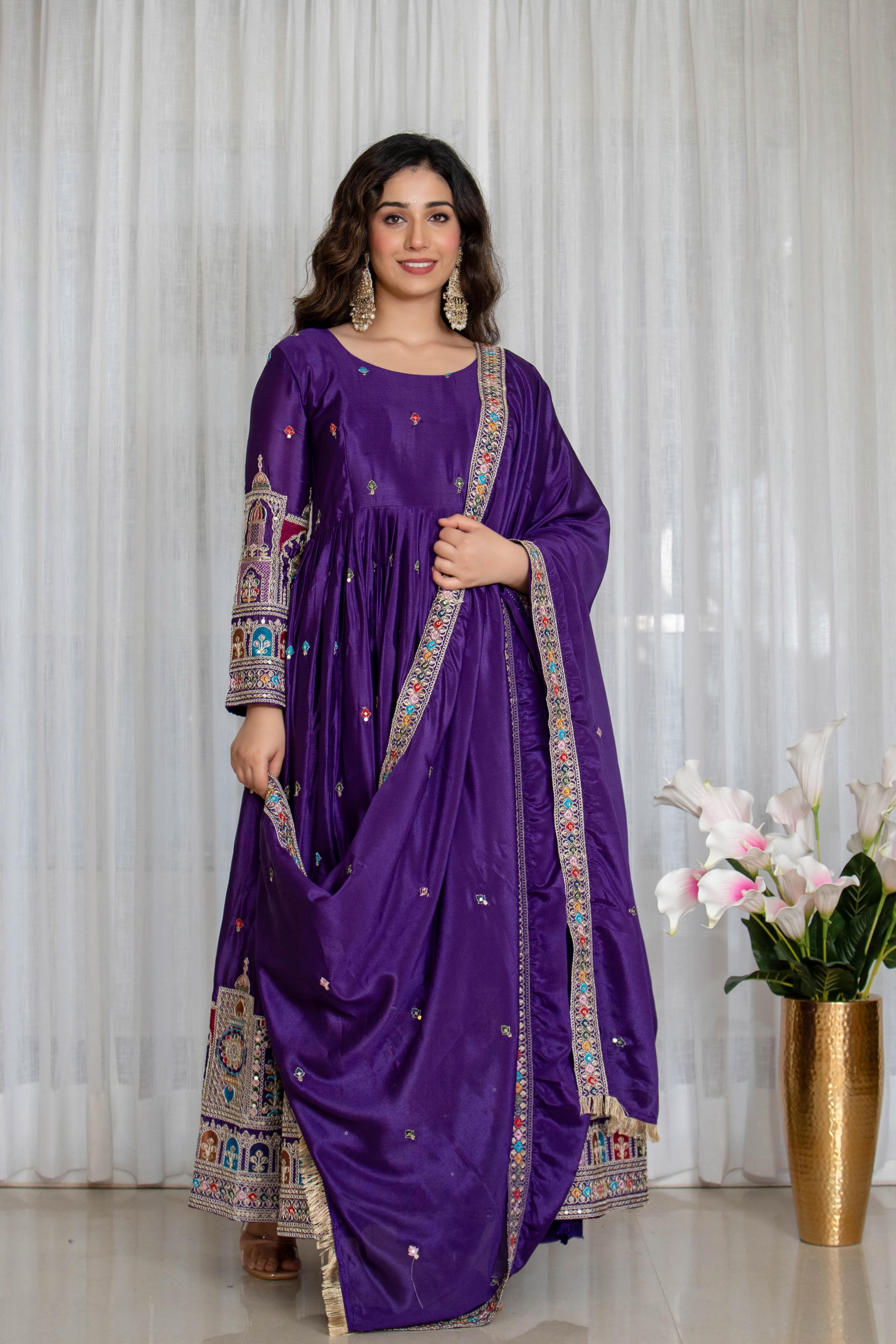 Premium Pure Cinon Silk Embroidered Gown Set with Dupatta – Royal Purple (Fully Stitched)