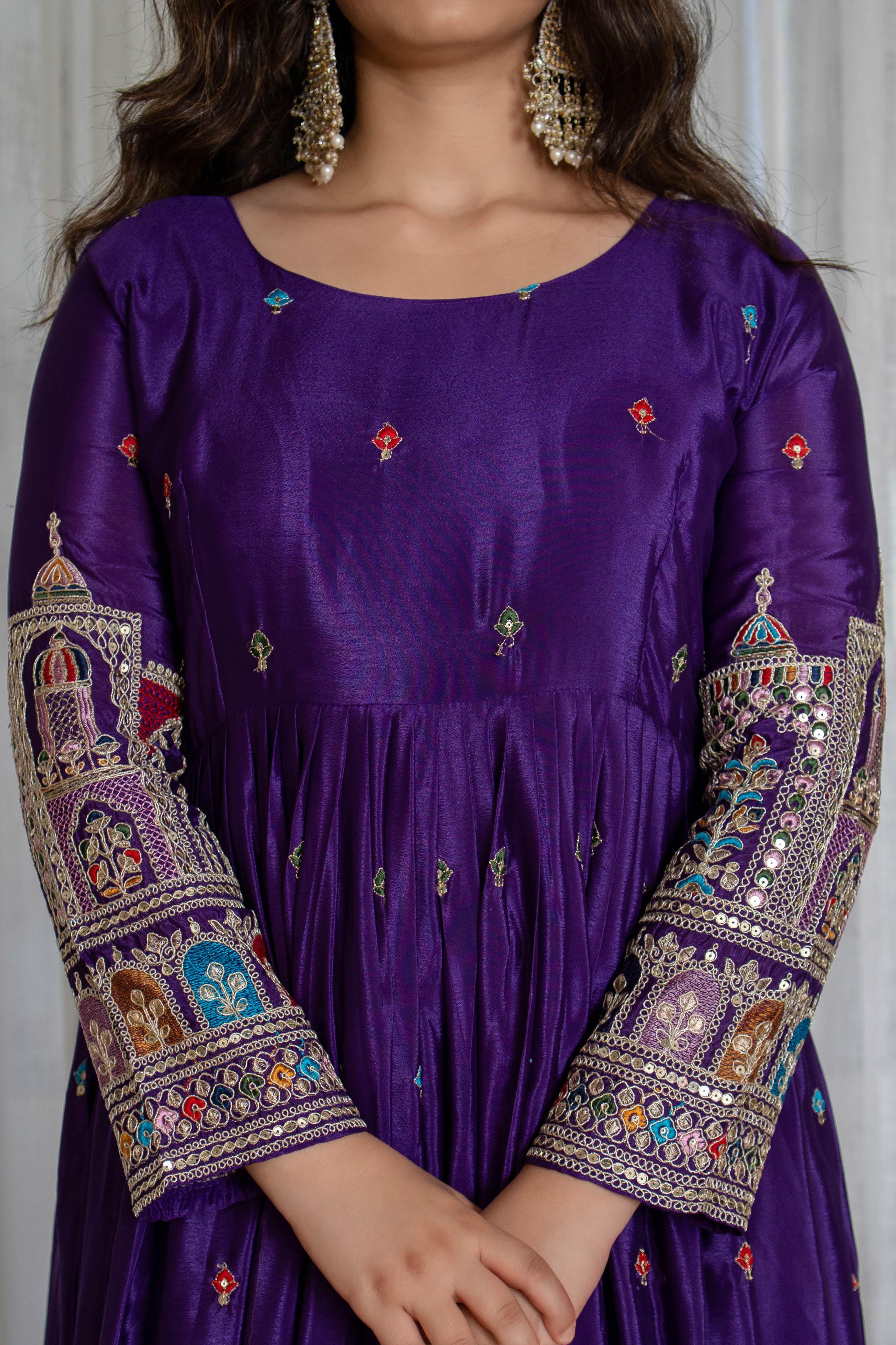 Premium Pure Cinon Silk Embroidered Gown Set with Dupatta – Royal Purple (Fully Stitched)