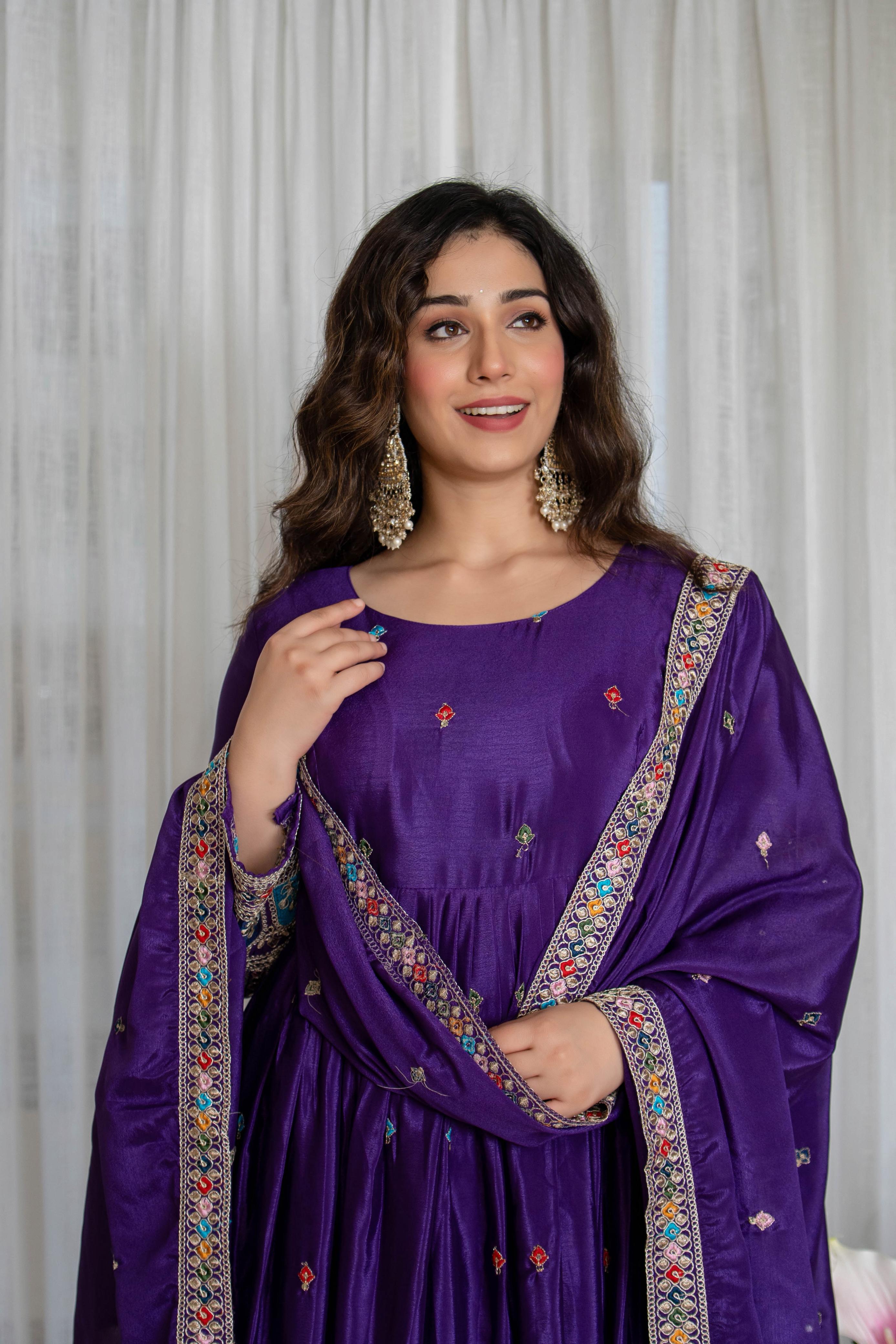 Premium Pure Cinon Silk Embroidered Gown Set with Dupatta – Royal Purple (Fully Stitched)