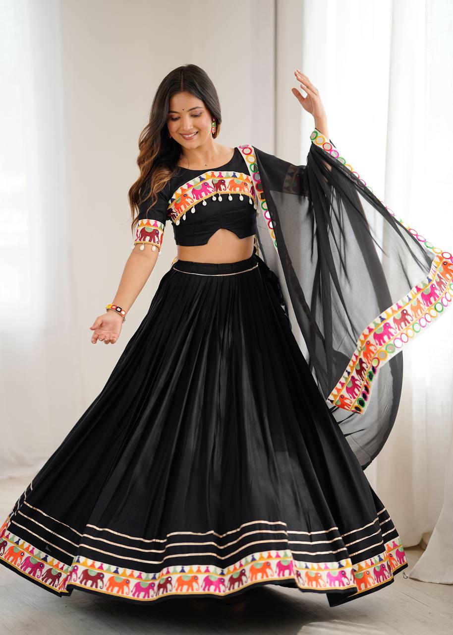Black Gamthi Embroidered Lehenga Choli with Real Mirror Work & Dupatta | Festive & Wedding Wear
