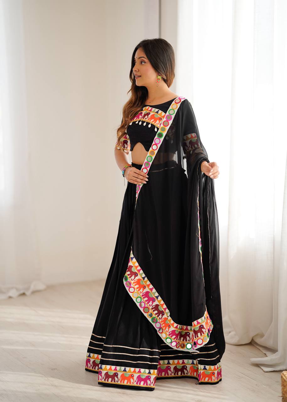 Black Gamthi Embroidered Lehenga Choli with Real Mirror Work & Dupatta | Festive & Wedding Wear