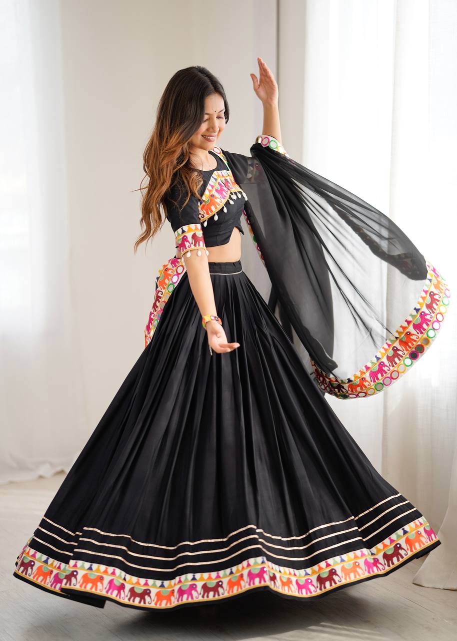 Black Gamthi Embroidered Lehenga Choli with Real Mirror Work & Dupatta | Festive & Wedding Wear
