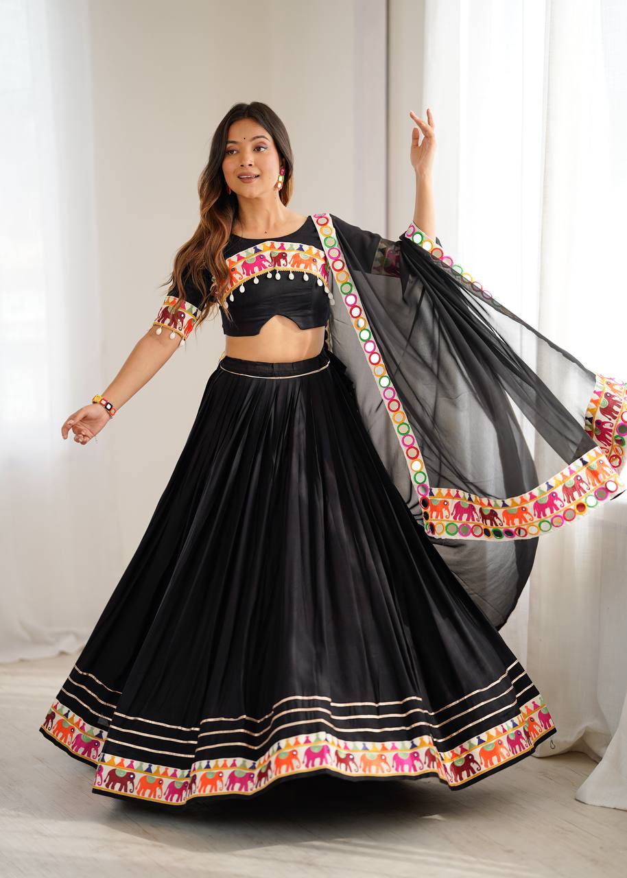 Black Gamthi Embroidered Lehenga Choli with Real Mirror Work & Dupatta | Festive & Wedding Wear
