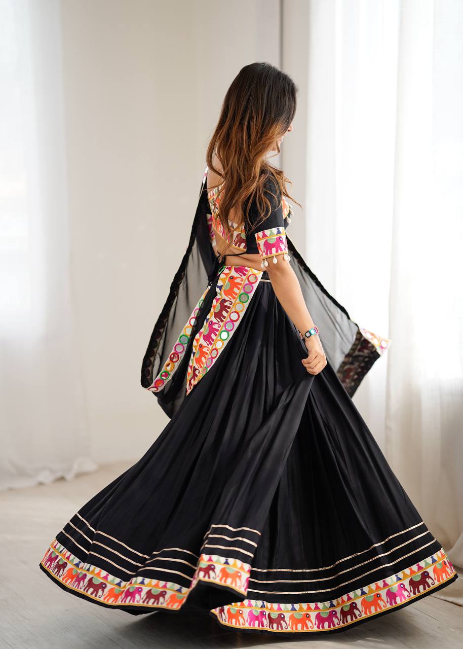 Black Gamthi Embroidered Lehenga Choli with Real Mirror Work & Dupatta | Festive & Wedding Wear