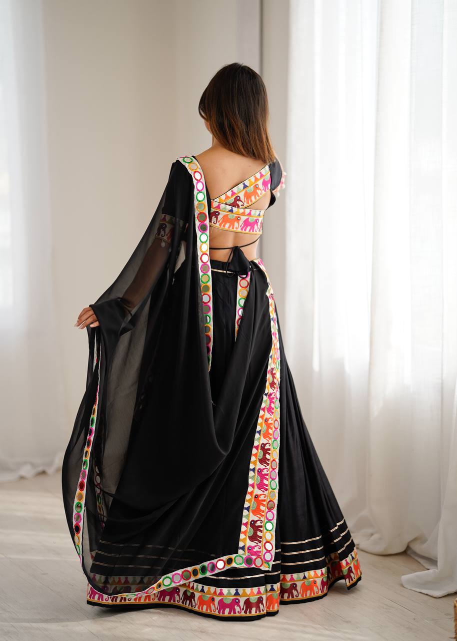 Black Gamthi Embroidered Lehenga Choli with Real Mirror Work & Dupatta | Festive & Wedding Wear