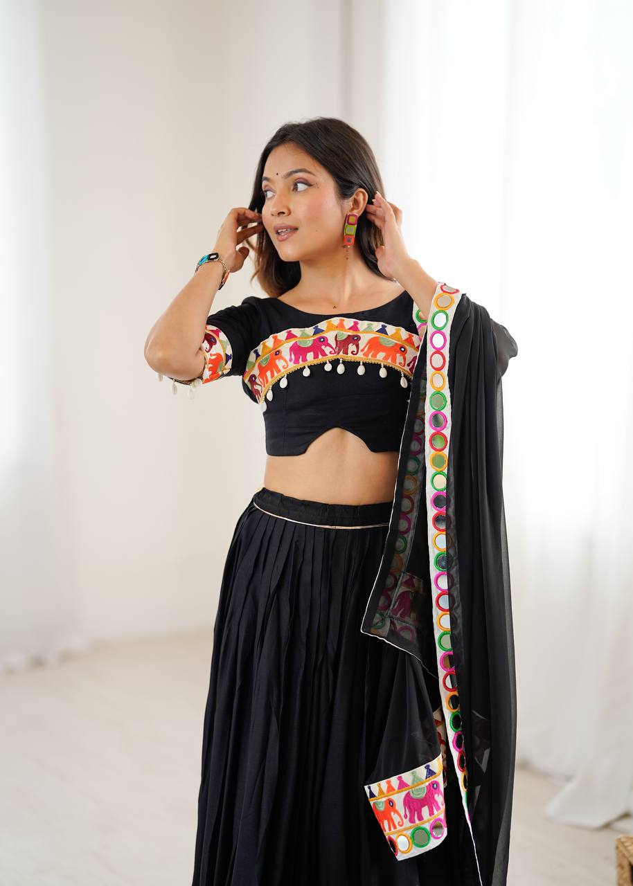 Black Gamthi Embroidered Lehenga Choli with Real Mirror Work & Dupatta | Festive & Wedding Wear