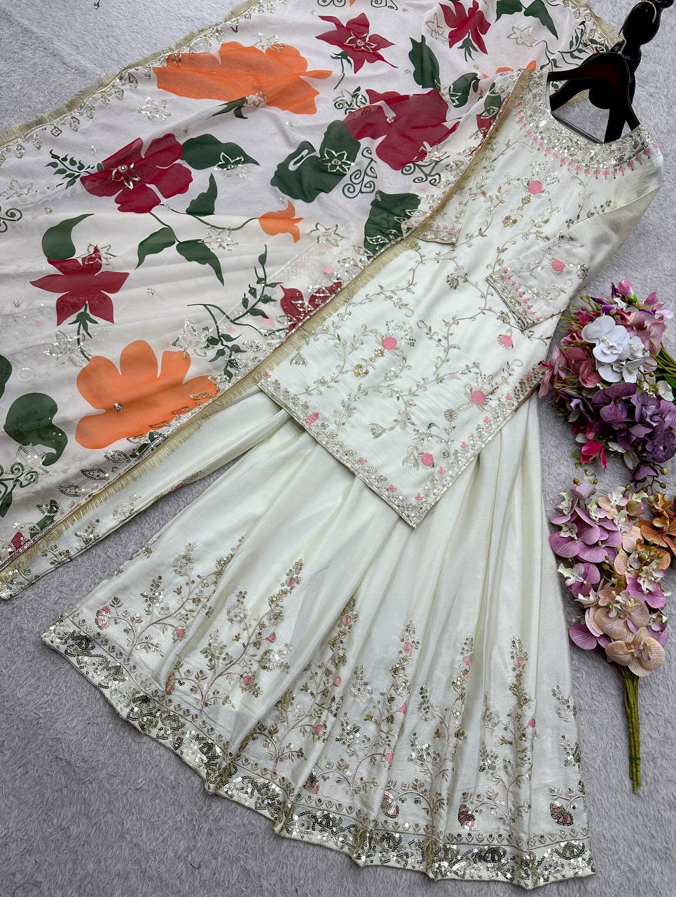 Cinon Silk Embroidered Sharara Set with Digital Print Dupatta