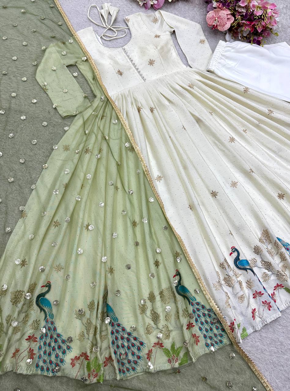 Designer Dola Silk Anarkali Suit with Swarovski Diamond Work, Pant & Net Dupatta