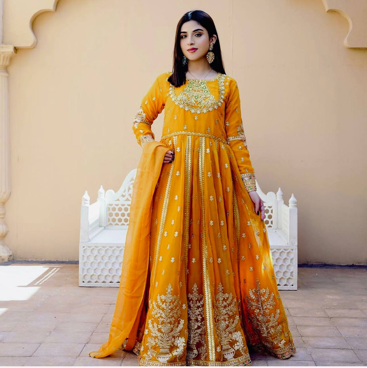 Blooming Georgette Embroidered Gown Set with Pant & Dupatta