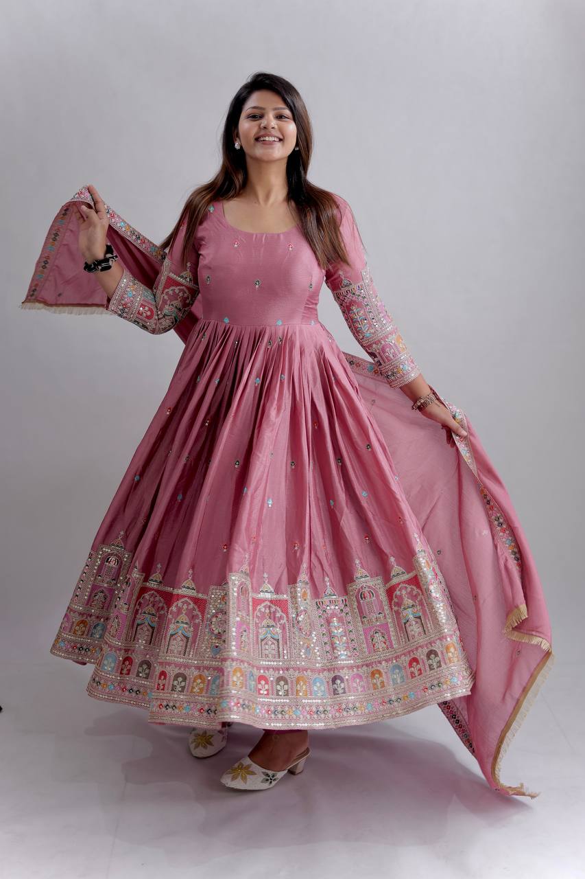 Elegant Cinon Silk Embroidered Gown Set with Pant & Dupatta