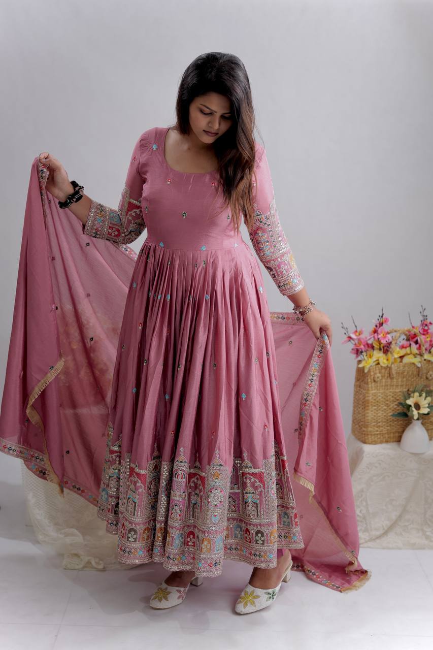 Elegant Cinon Silk Embroidered Gown Set with Pant & Dupatta