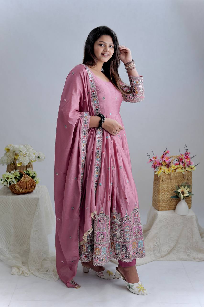 Elegant Cinon Silk Embroidered Gown Set with Pant & Dupatta